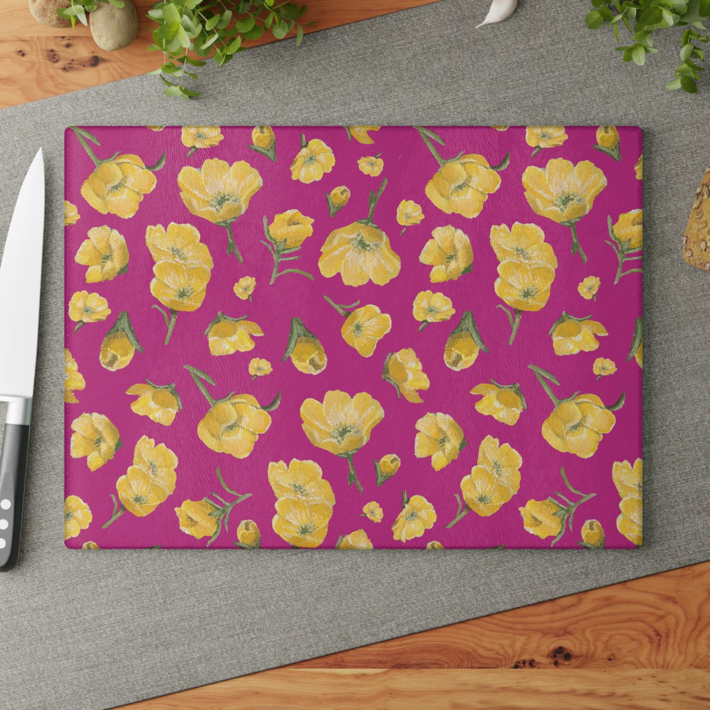 Glass Cutting Board, Kitchen Accessory, Buttercups, Hot Pink Background, Oklahoma Wildflower, Yellow Floral