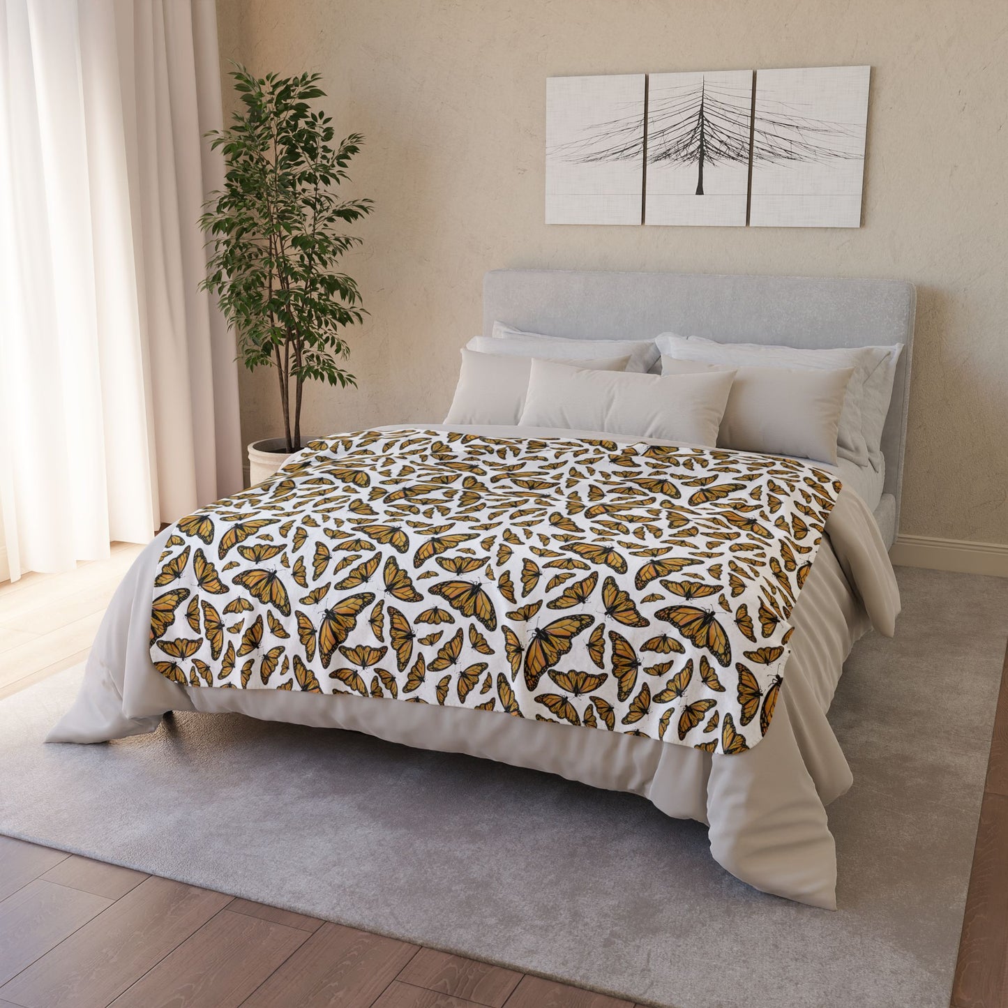Fleece Sherpa Blanket, Monarchs, White background, Butterflies