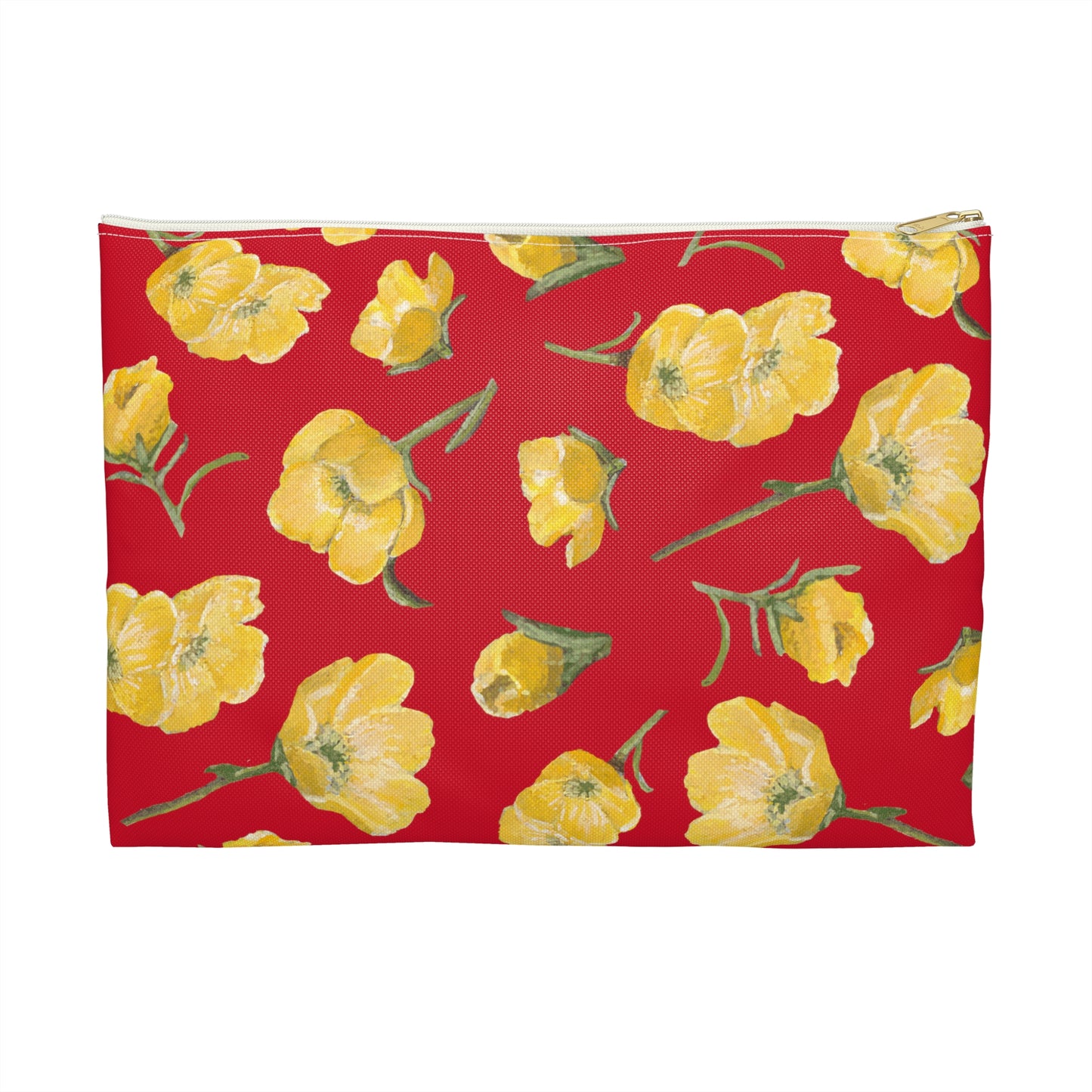 Accessory Pouch, Buttercups, Red Background, Oklahoma Wildflower, Yellow Floral