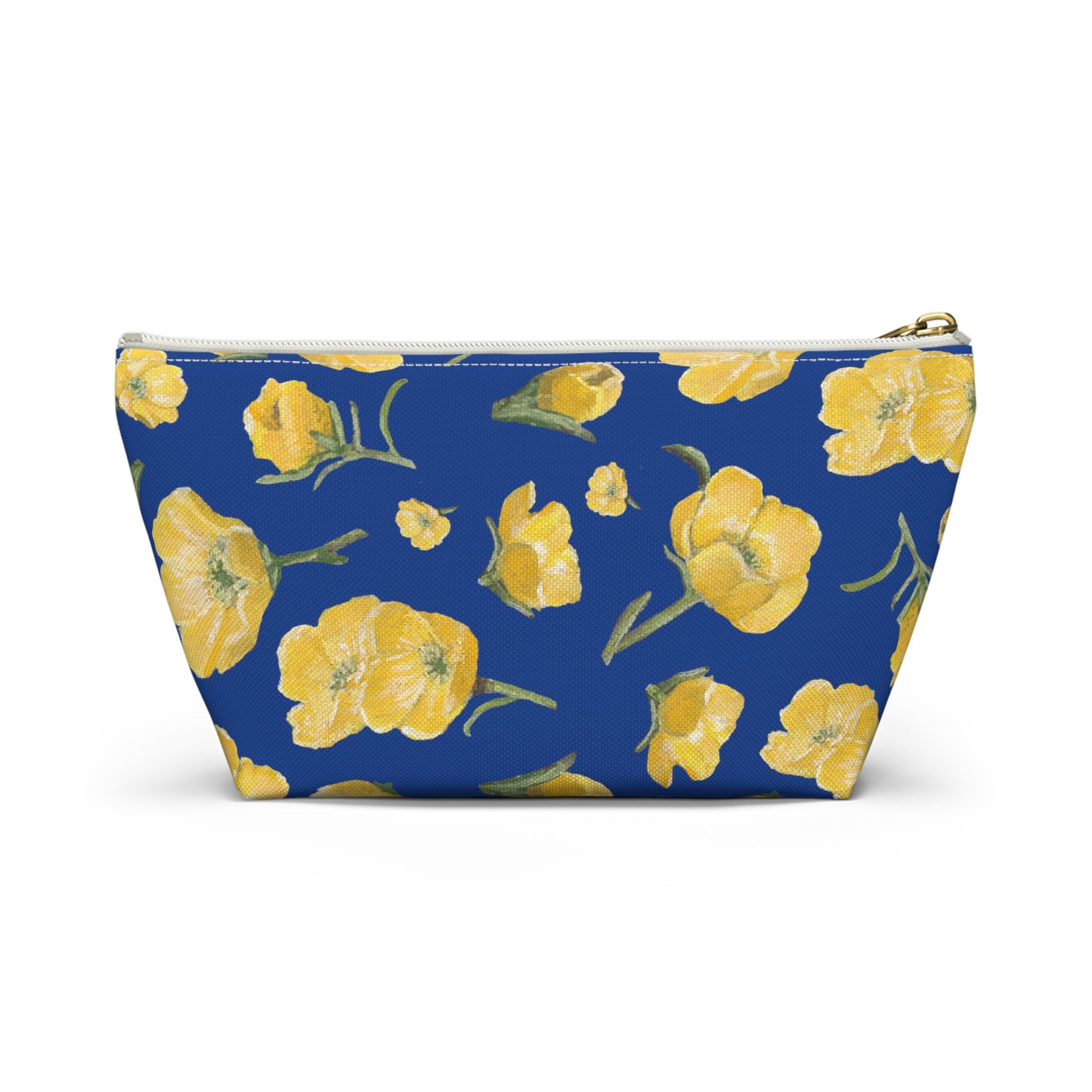 Accessory Pouch w T-bottom, Buttercups, Dark Blue Background, Oklahoma Wildflower, Yellow Floral