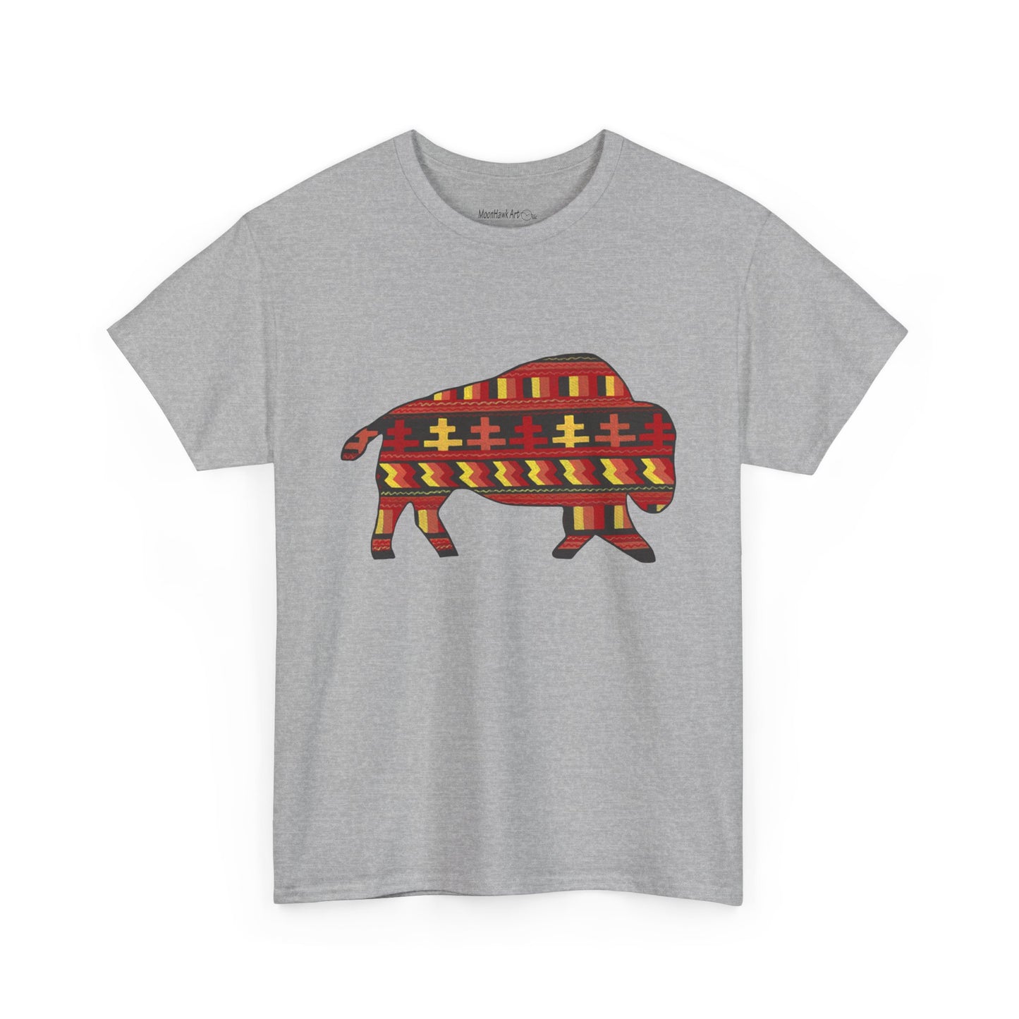 Unisex Heavy Cotton Tee, Seminole Patchwork Patterned Bison, Tribal Motif, Native Design, Indigenous Buffalo
