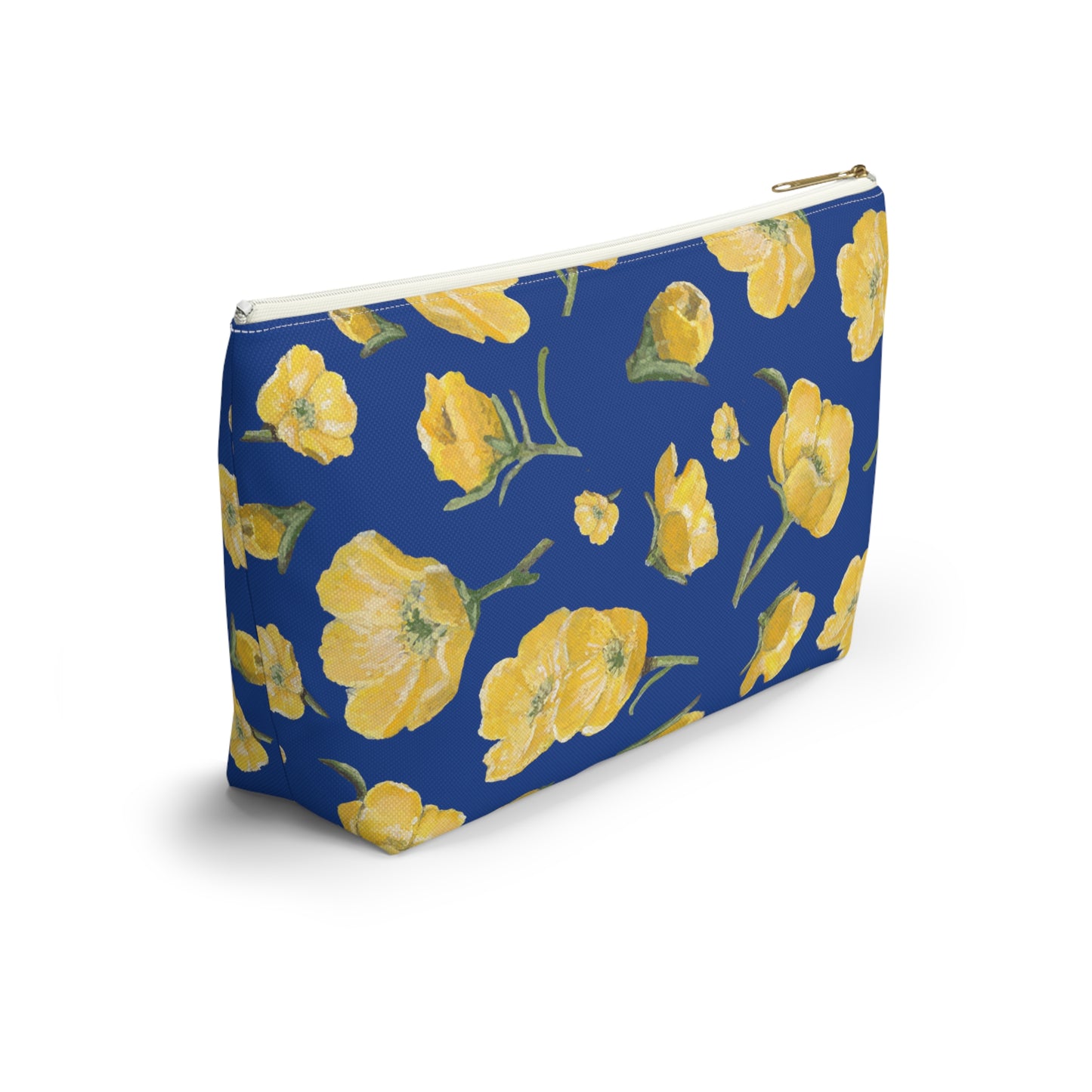 Accessory Pouch w T-bottom, Buttercups, Dark Blue Background, Oklahoma Wildflower, Yellow Floral