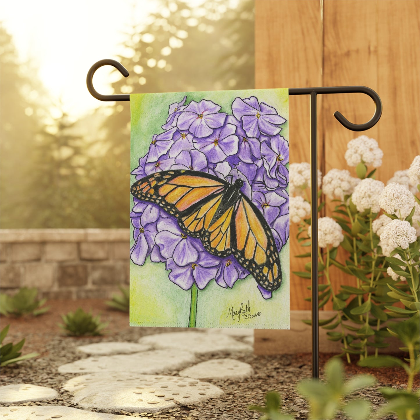 Garden & House Banner, Monarch Butterfly on Hydrangea