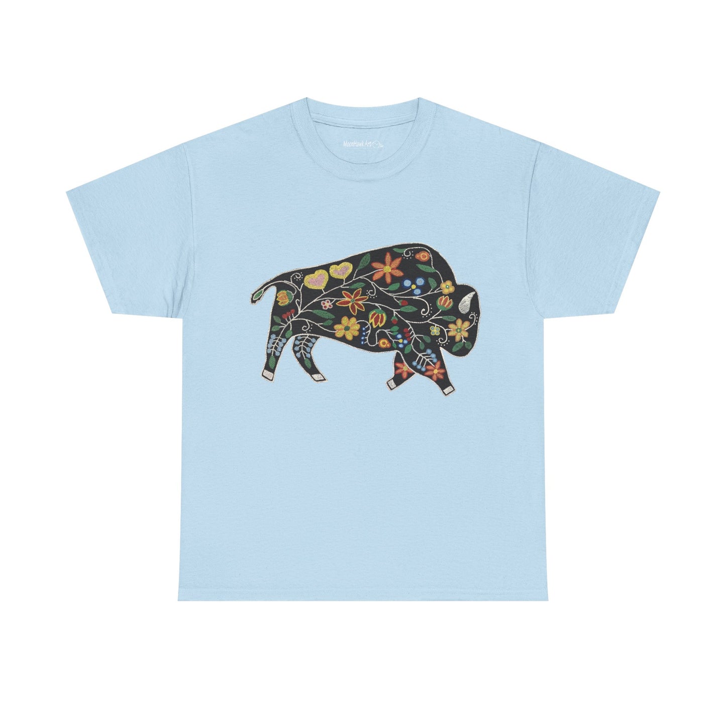 Unisex Heavy Cotton Tee, Native Beaded Floral Bison Design