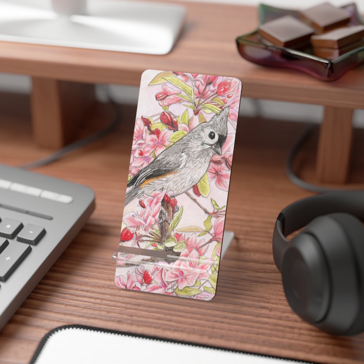 Mobile Display Stand for Smartphones, Tufted Titmouse, Wild Bird Art, Bird with Pink Floral, Cell Phone Stand