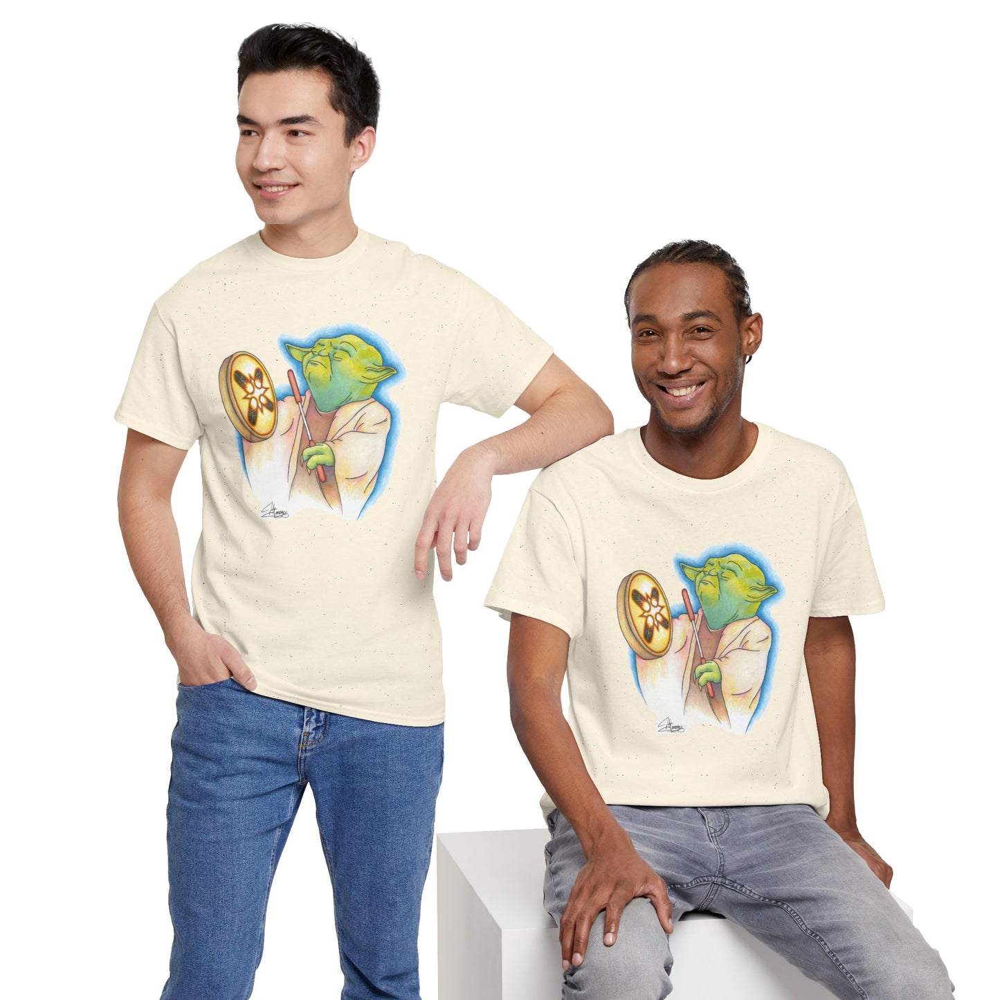 Unisex Heavy Cotton Tee, Native Alien With Hand Drum, Song From Long Ago, Native American Pop Art, Indigenous Humor