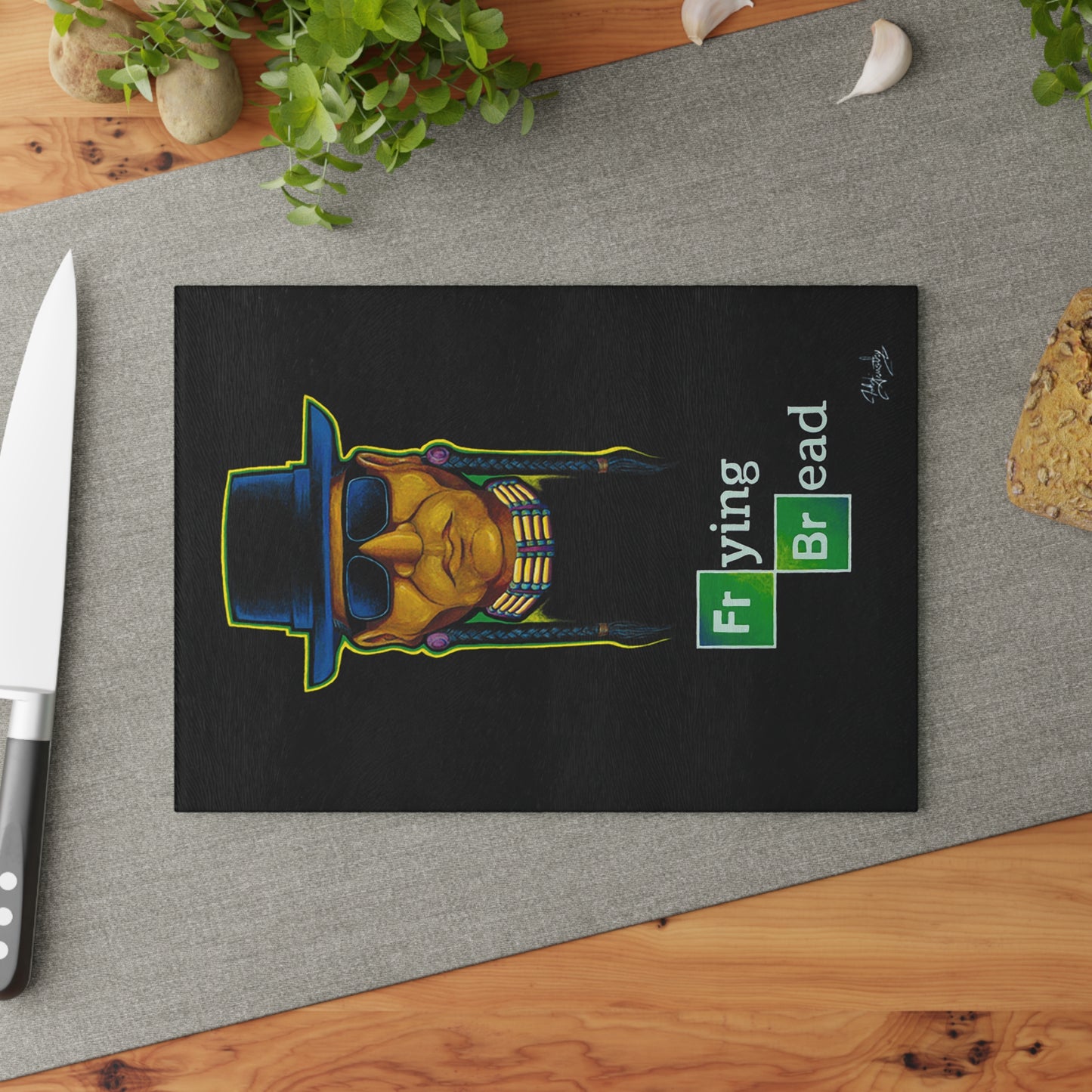 Glass Cutting Board, Kitchen Accessory, Walter Red, Frying Bread, Native American, Native Pop Art, Native Humor