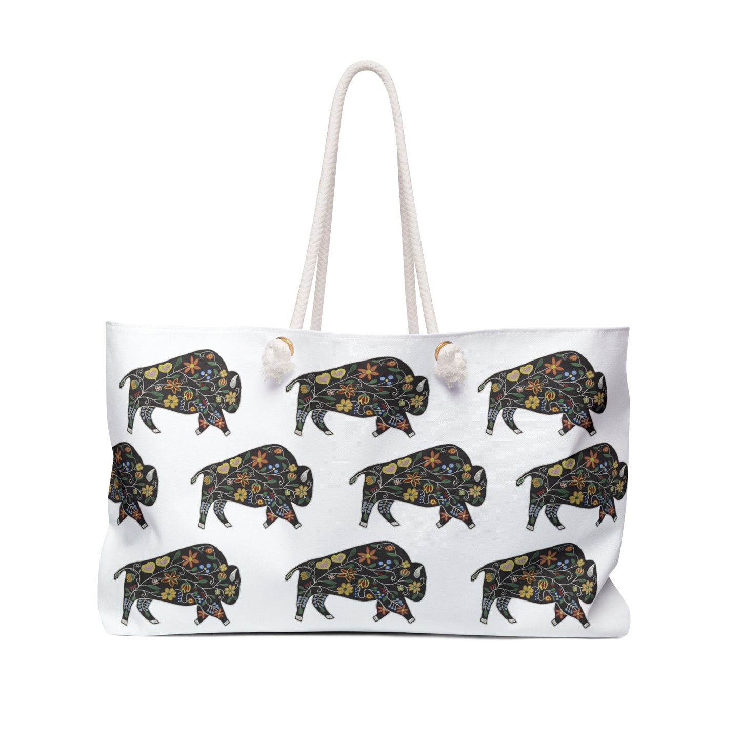 Weekender Bag, White, Floral Motif, Bison, Buffalo, Native American, PowWow Tote