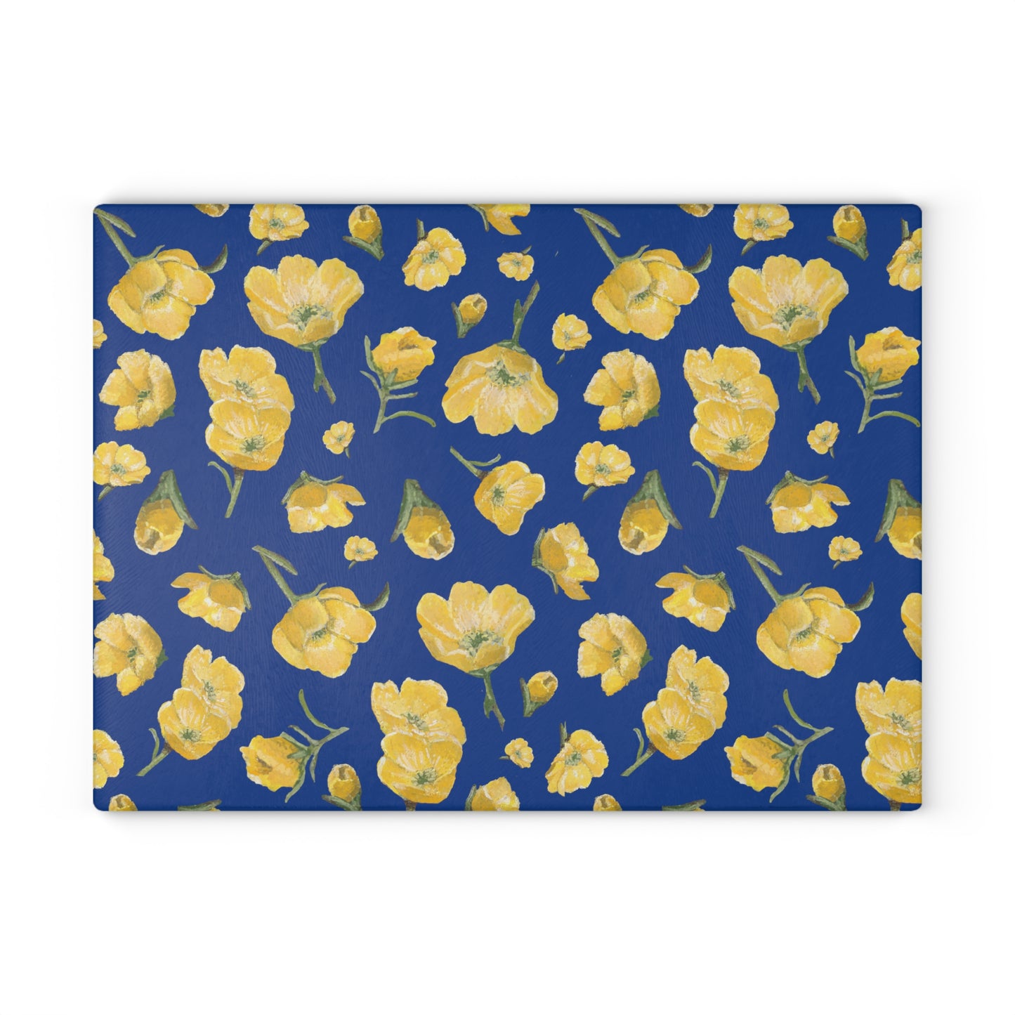 Glass Cutting Board, Kitchen Accessory, Buttercups, Dark Blue Background, Oklahoma Wildflower, Yellow Floral