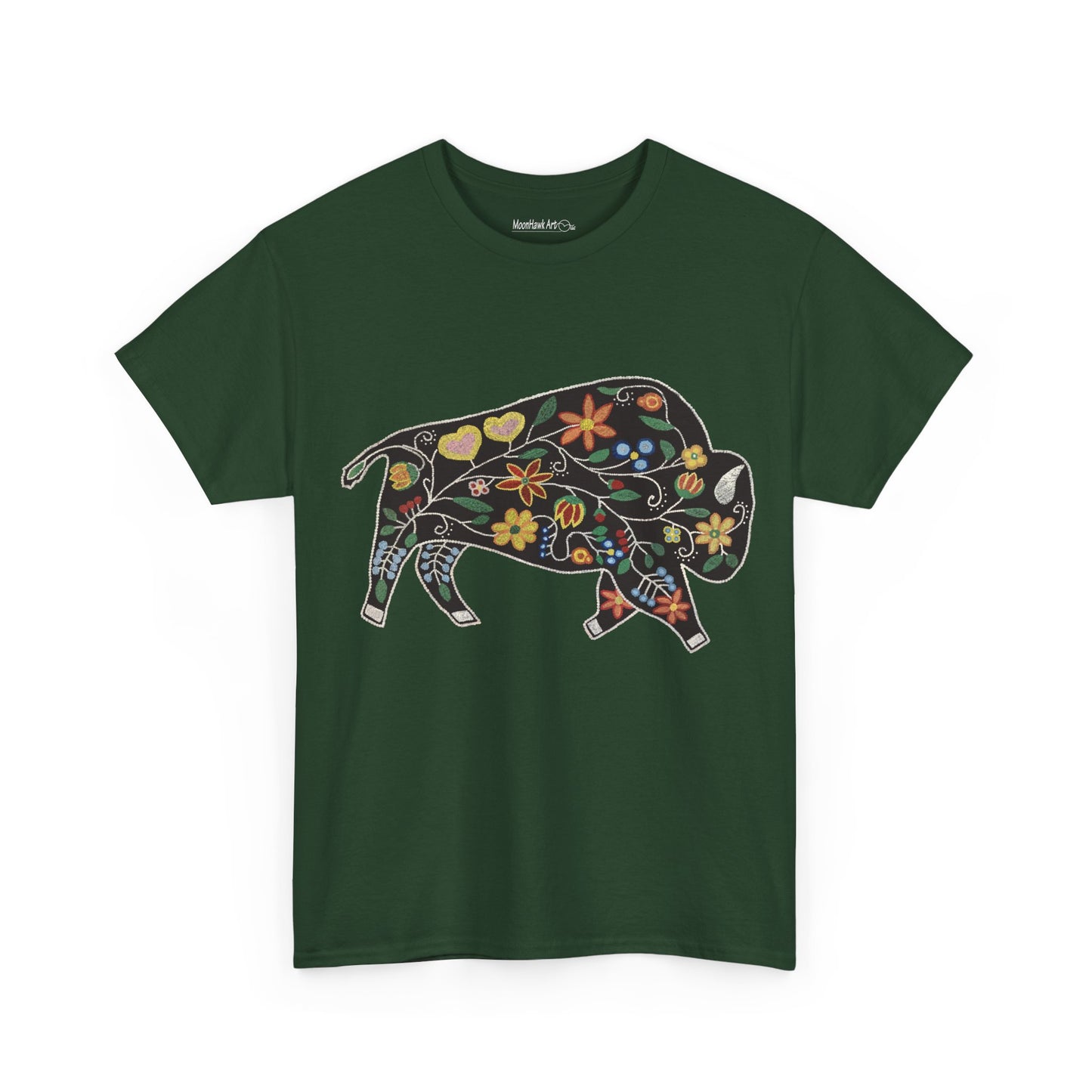 Unisex Heavy Cotton Tee, Native Beaded Floral Bison Design