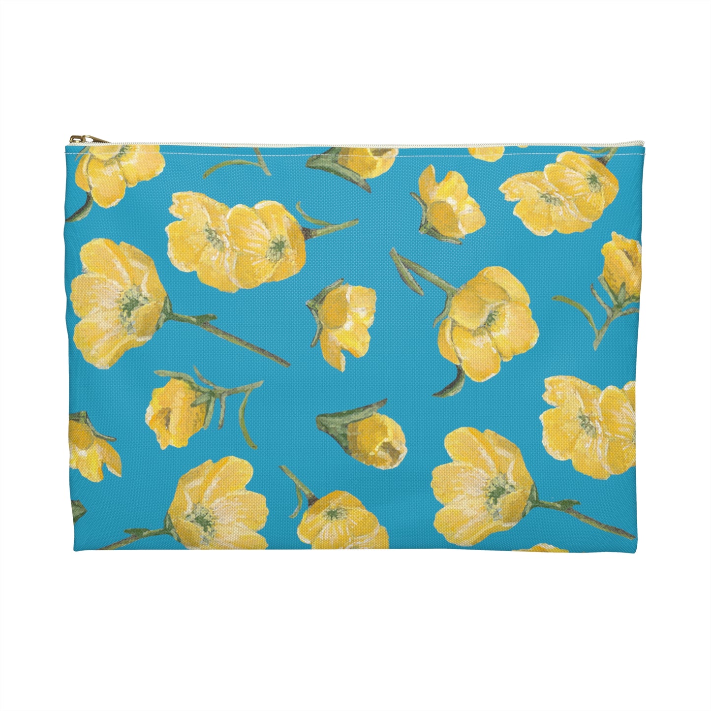 Accessory Pouch, Buttercups, Turquoise Colored Background, Oklahoma Wildflower, Yellow Floral