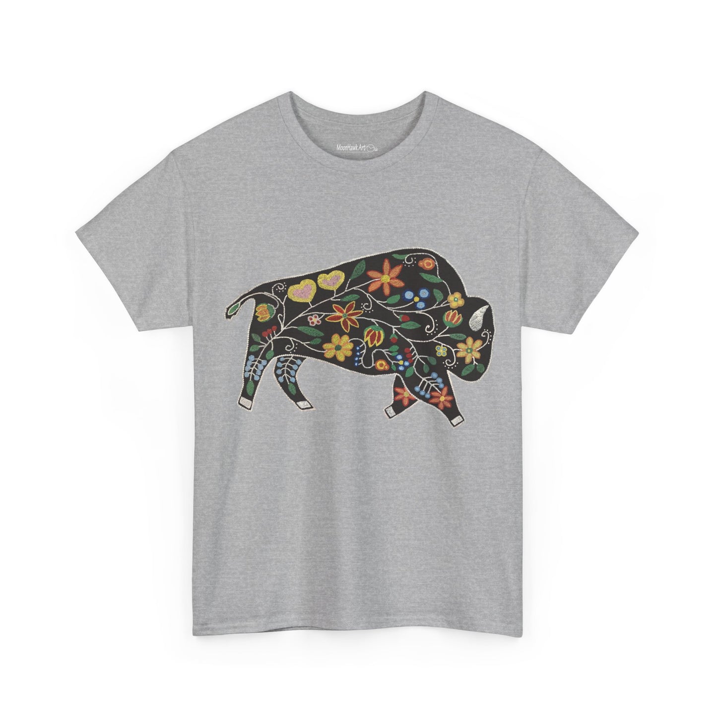 Unisex Heavy Cotton Tee, Native Beaded Floral Bison Design