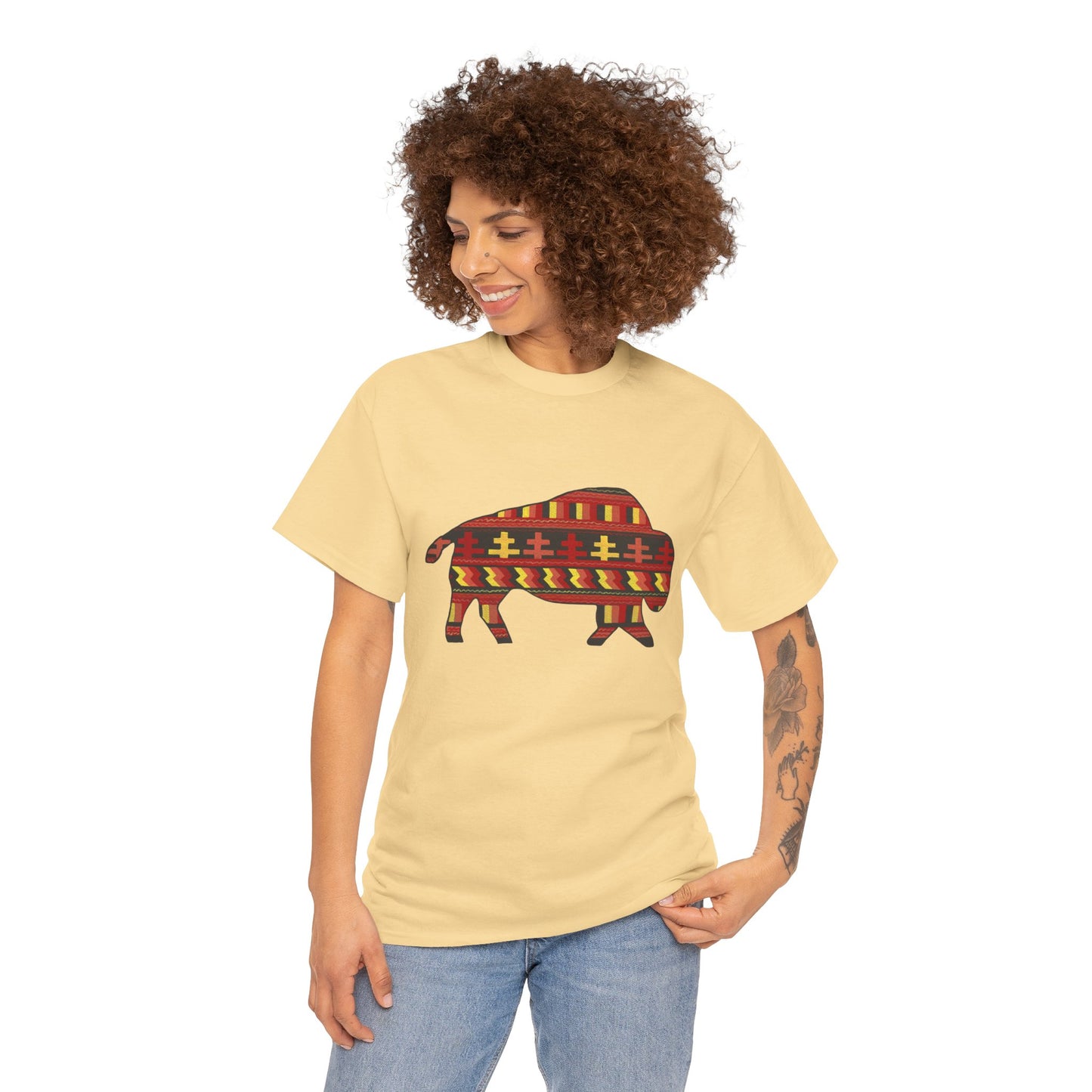 Unisex Heavy Cotton Tee, Seminole Patchwork Patterned Bison, Tribal Motif, Native Design, Indigenous Buffalo