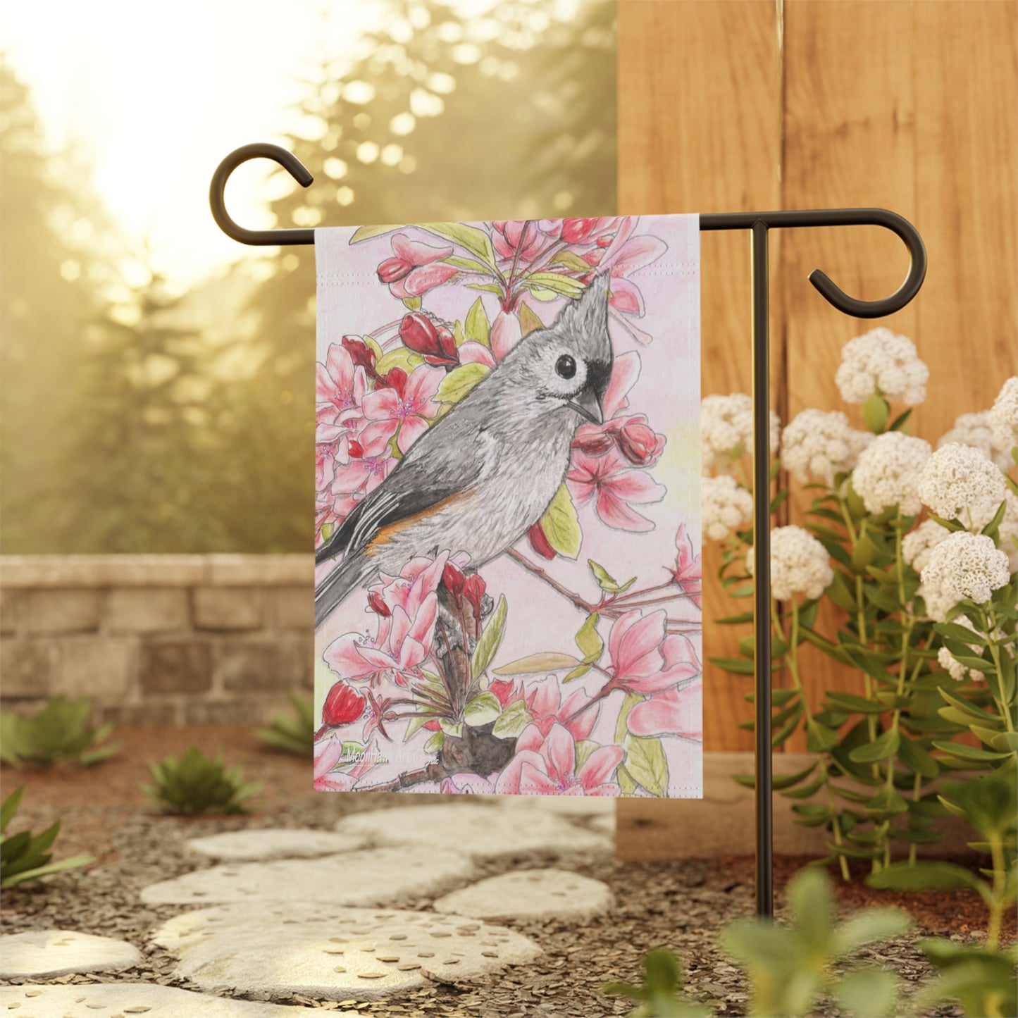 Garden & House Banner, Tufted Titmouse with Pink Floral