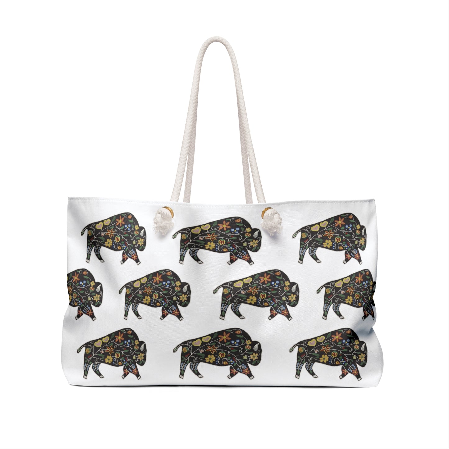 Weekender Bag, White, Floral Motif, Bison, Buffalo, Native American, PowWow Tote