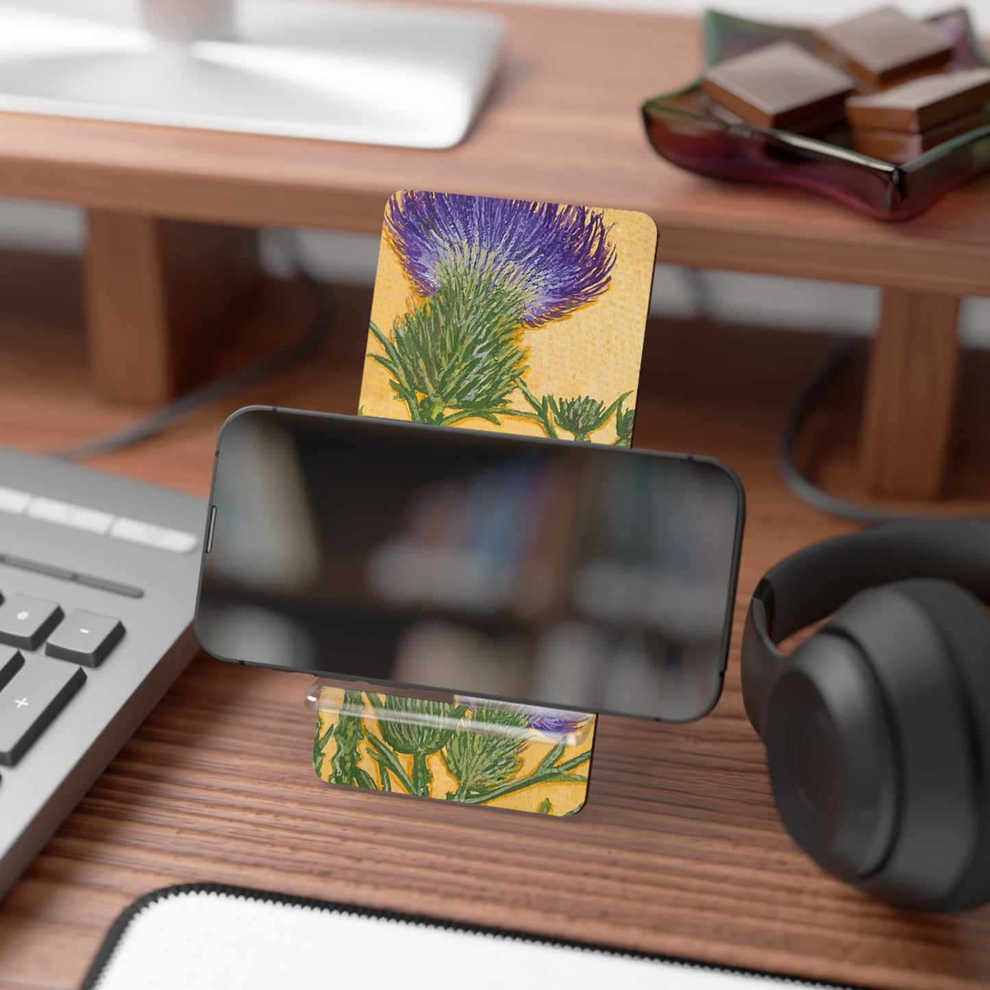 Mobile Display Stand for Smartphones, Purple Thistle, Oklahoma Wildflower, Wild Flower Art, Cell Phone Holder
