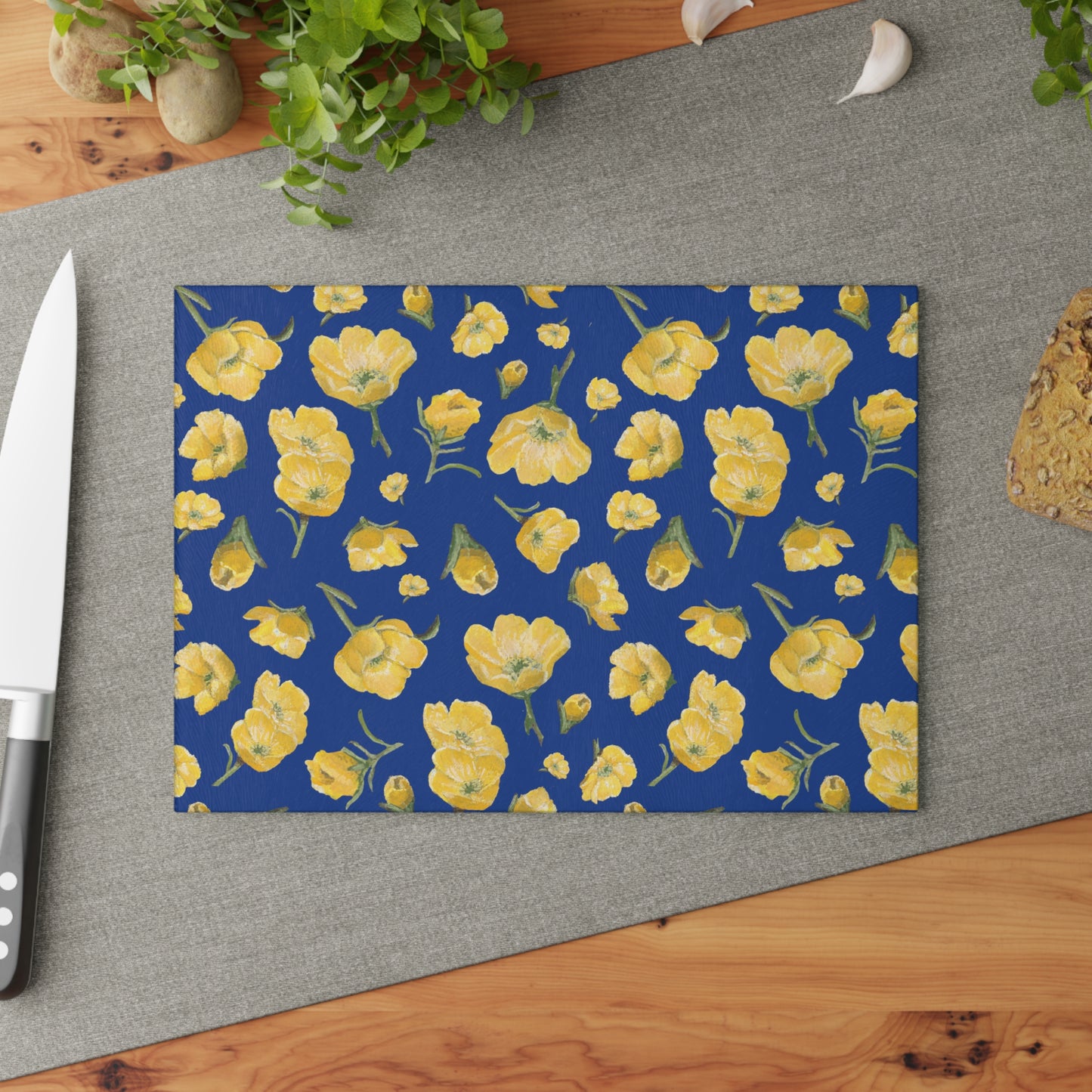 Glass Cutting Board, Kitchen Accessory, Buttercups, Dark Blue Background, Oklahoma Wildflower, Yellow Floral