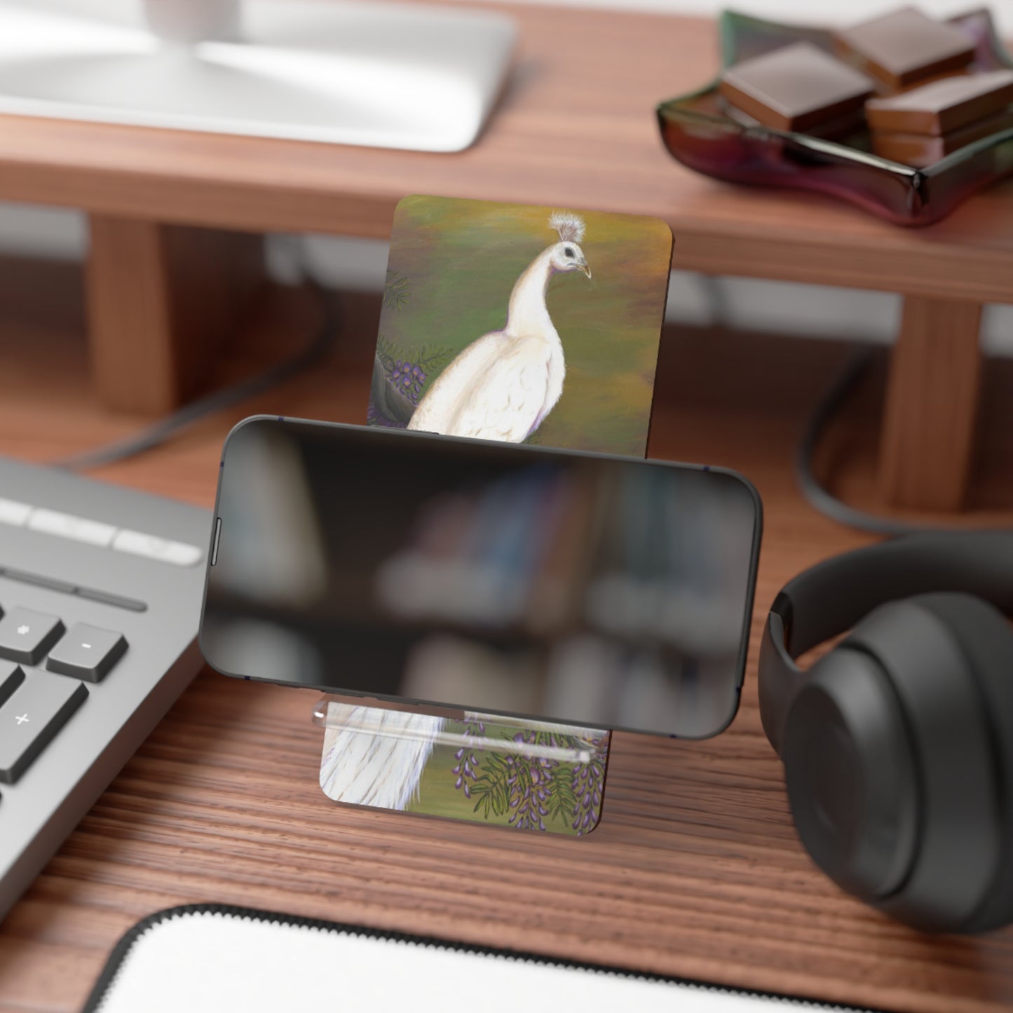 Mobile Display Stand for Smartphones, White Peacock on Purple Wisteria,