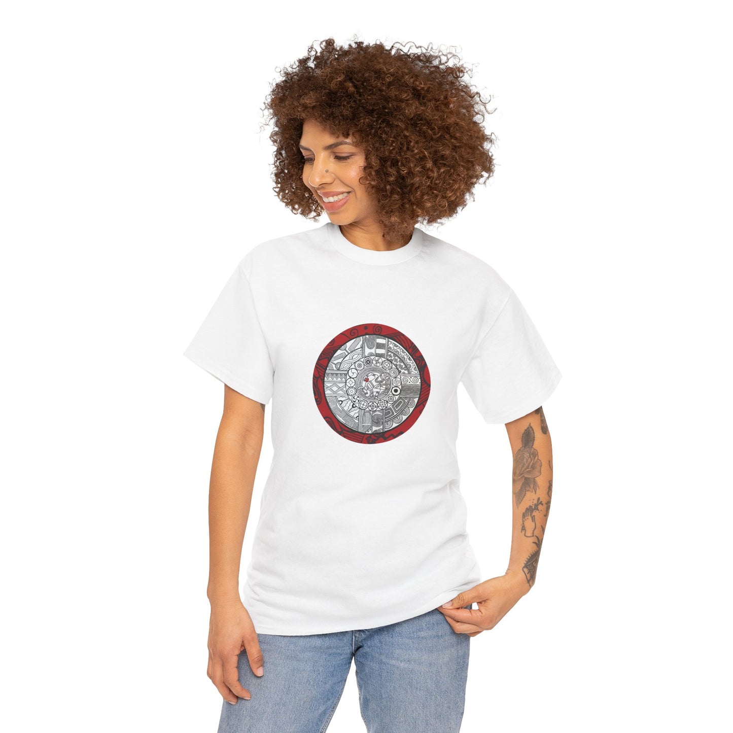 Unisex Heavy Cotton Tee, Southeastern Style, Tribal Motif, Mound Symbols, Cahokia, Chunky Player, Native American Design