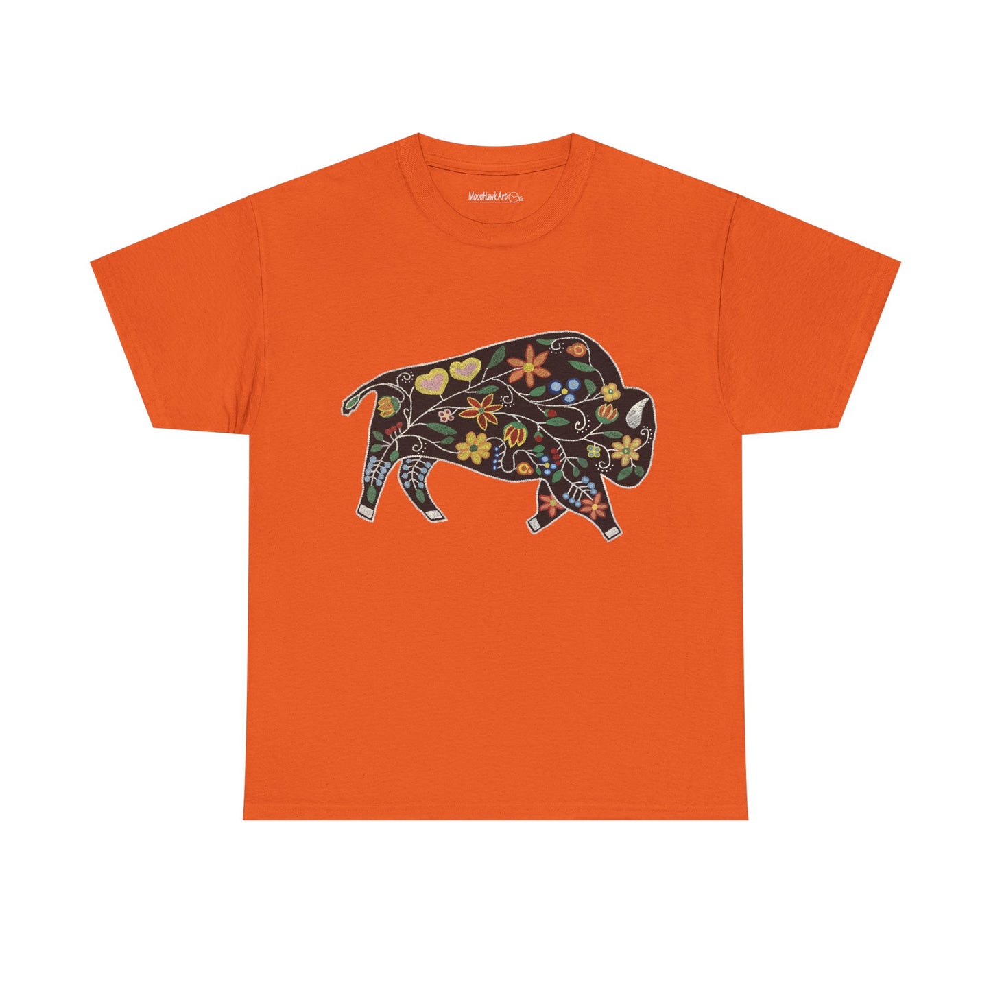 Unisex Heavy Cotton Tee, Native Beaded Floral Bison Design