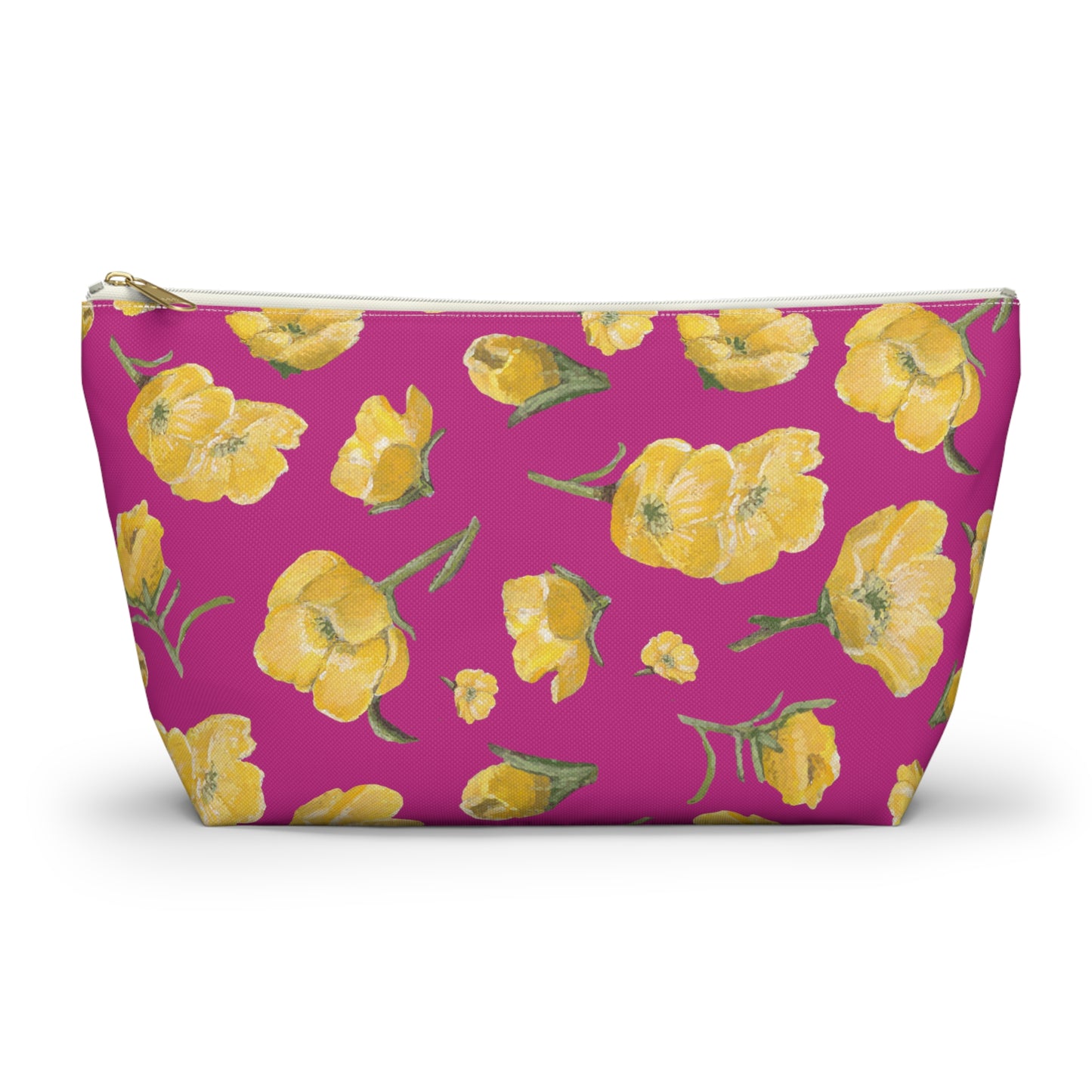Accessory Pouch w T-bottom, Buttercups, Hot Pink Background, Oklahoma Wildflower, Yellow Floral