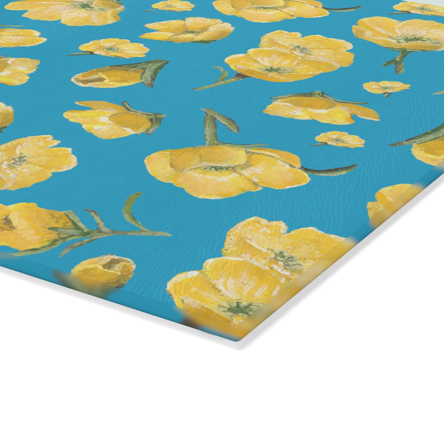 Glass Cutting Board, Kitchen Accessory, Buttercups, Turquoise Colored Background, Oklahoma Wildflower, Yellow Floral
