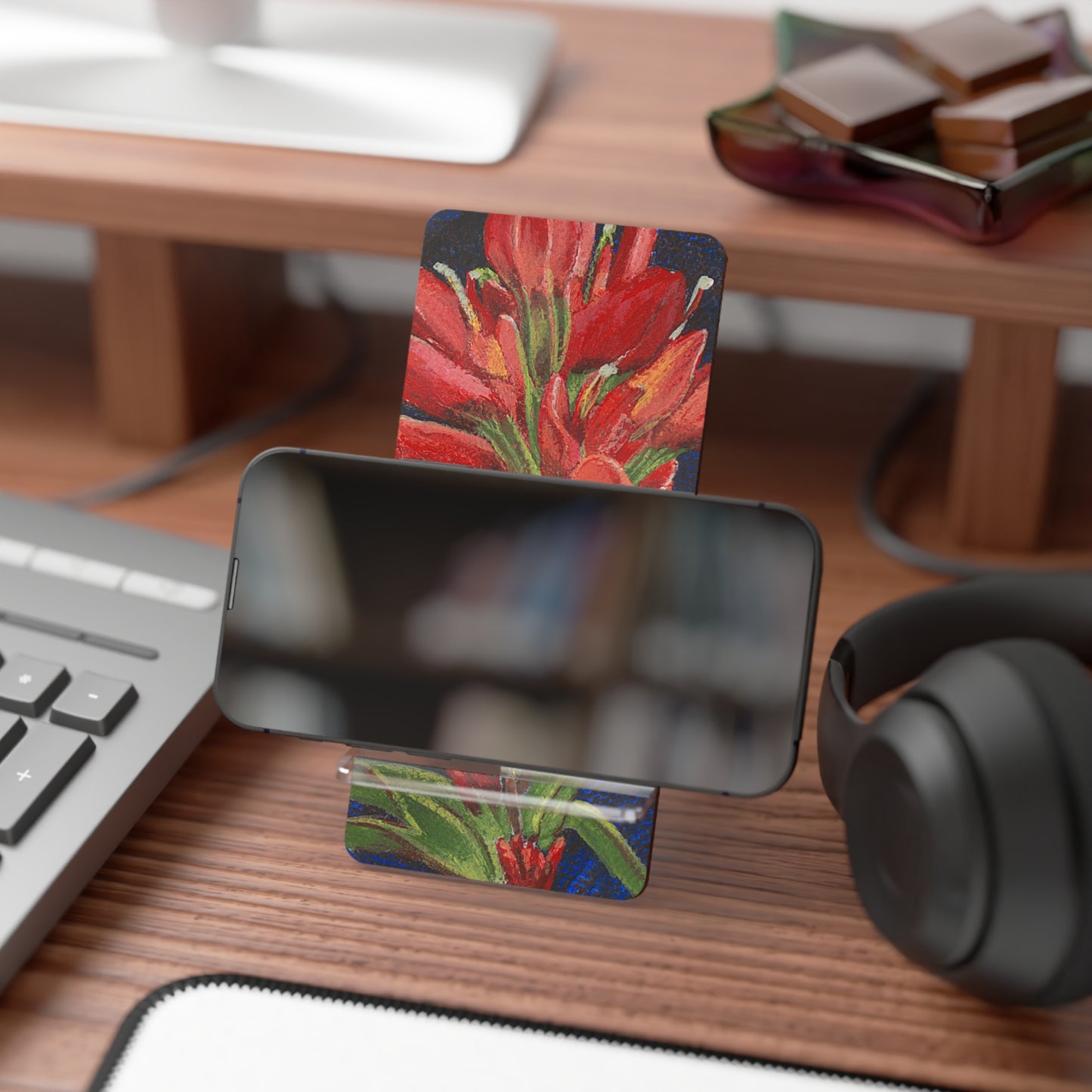 Mobile Display Stand for Smartphones, Indian Paintbrush, Oklahoma Wildflower, Wildflower Art, Red Floral, Cell Phone Holder