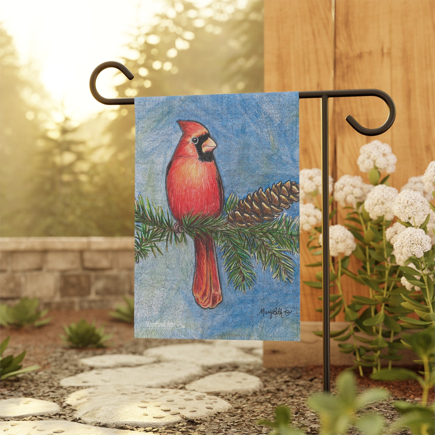 Garden & House Banner, Totsuwa, Cardinal on Evergreen