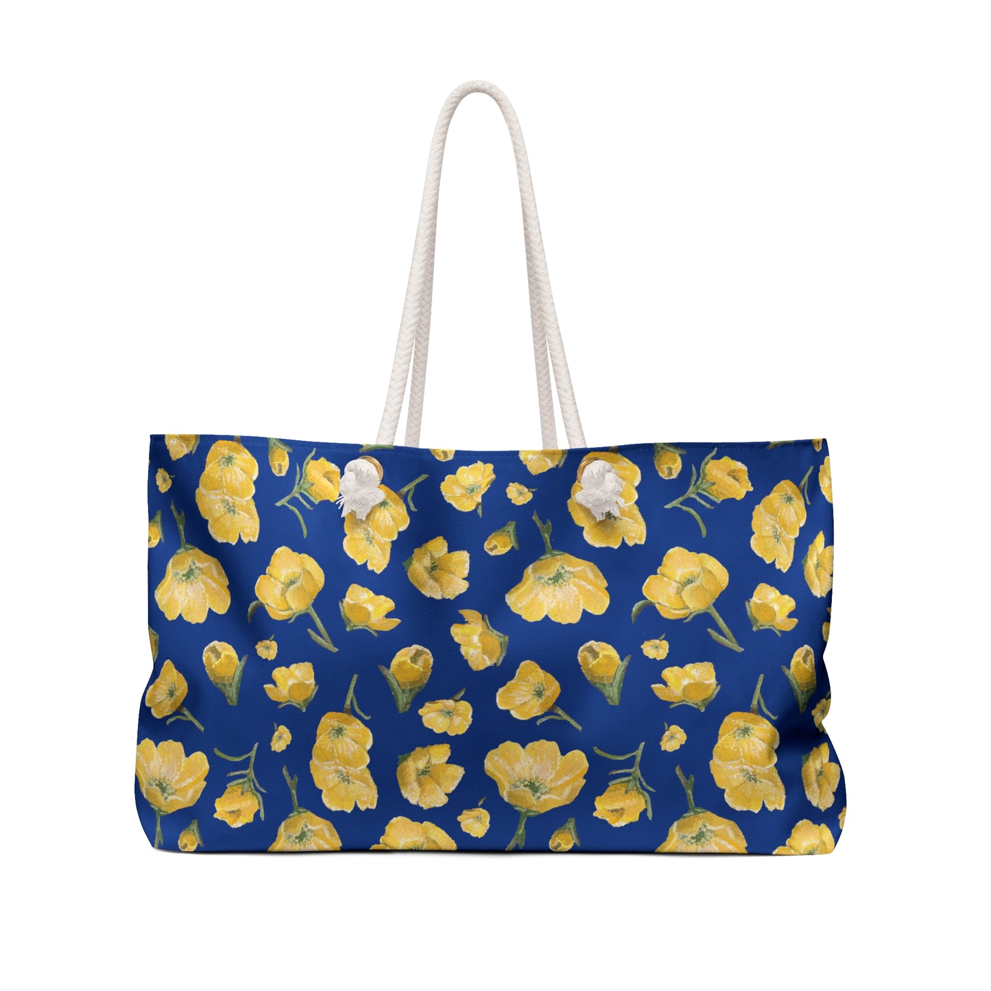 Weekender Bag, Buttercups, Dark Blue Background, Oklahoma Wildflower, Yellow Floral