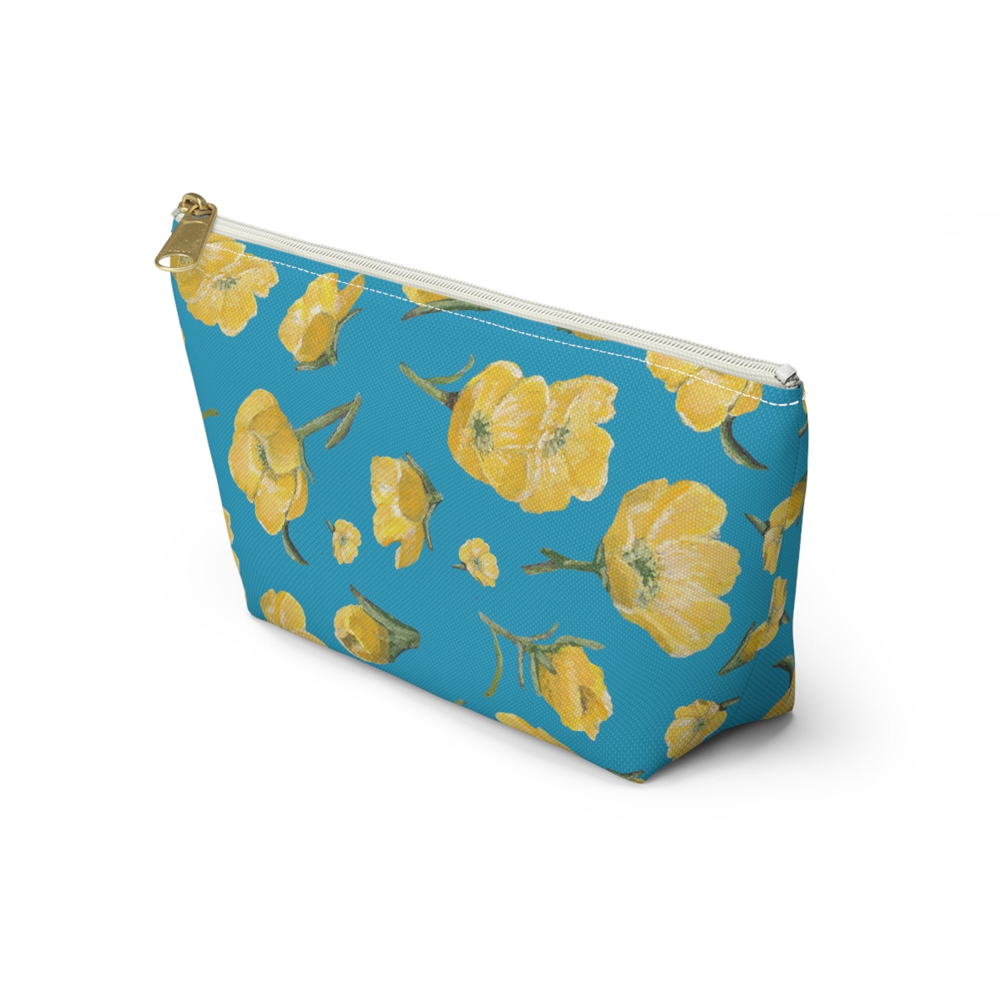 Accessory Pouch w T-bottom, Buttercups, Turquoise Colored Background, Oklahoma Wildflower, Yellow Floral