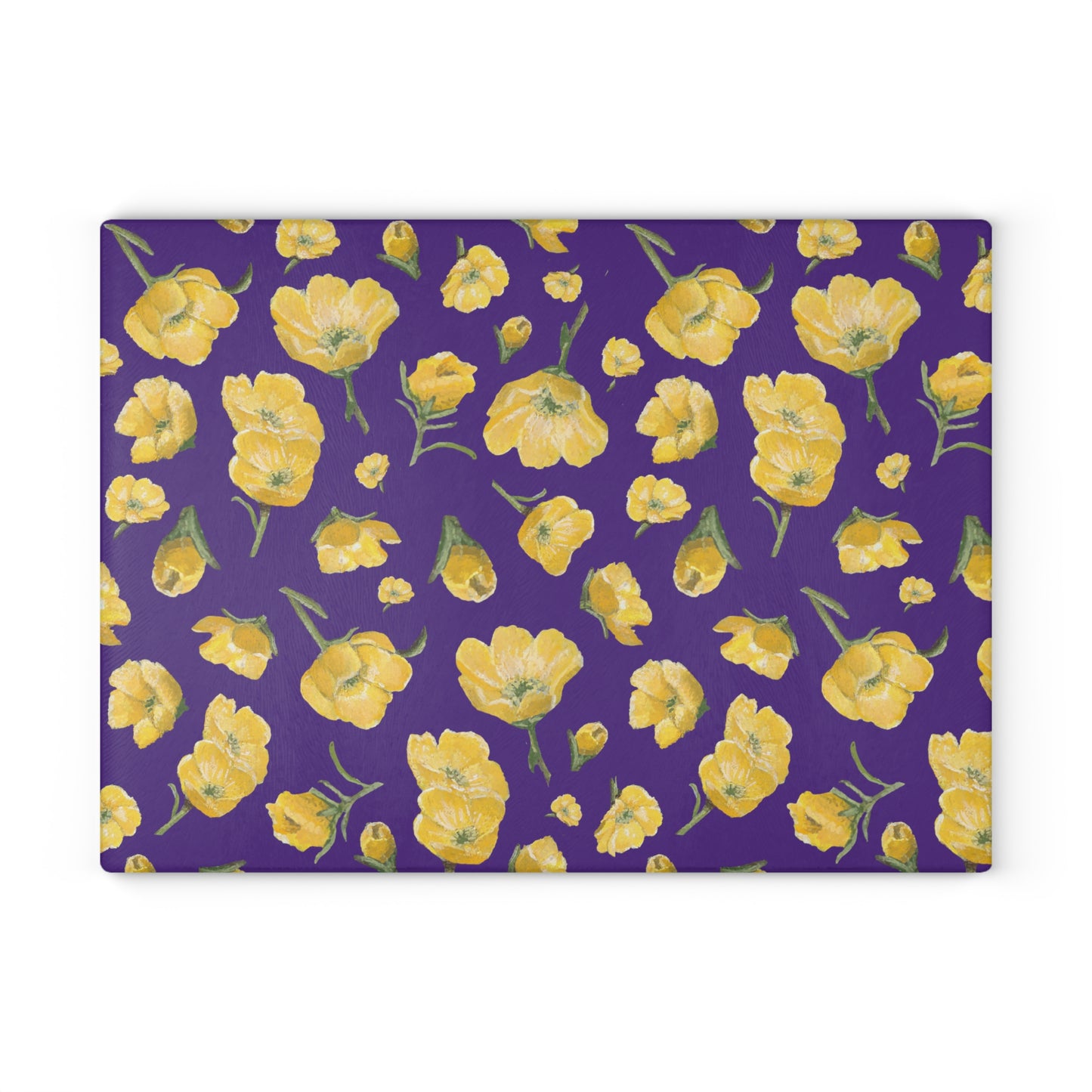 Glass Cutting Board, Kitchen Accessory, Buttercups, Purple Background, Oklahoma Wildflower, Yellow Floral
