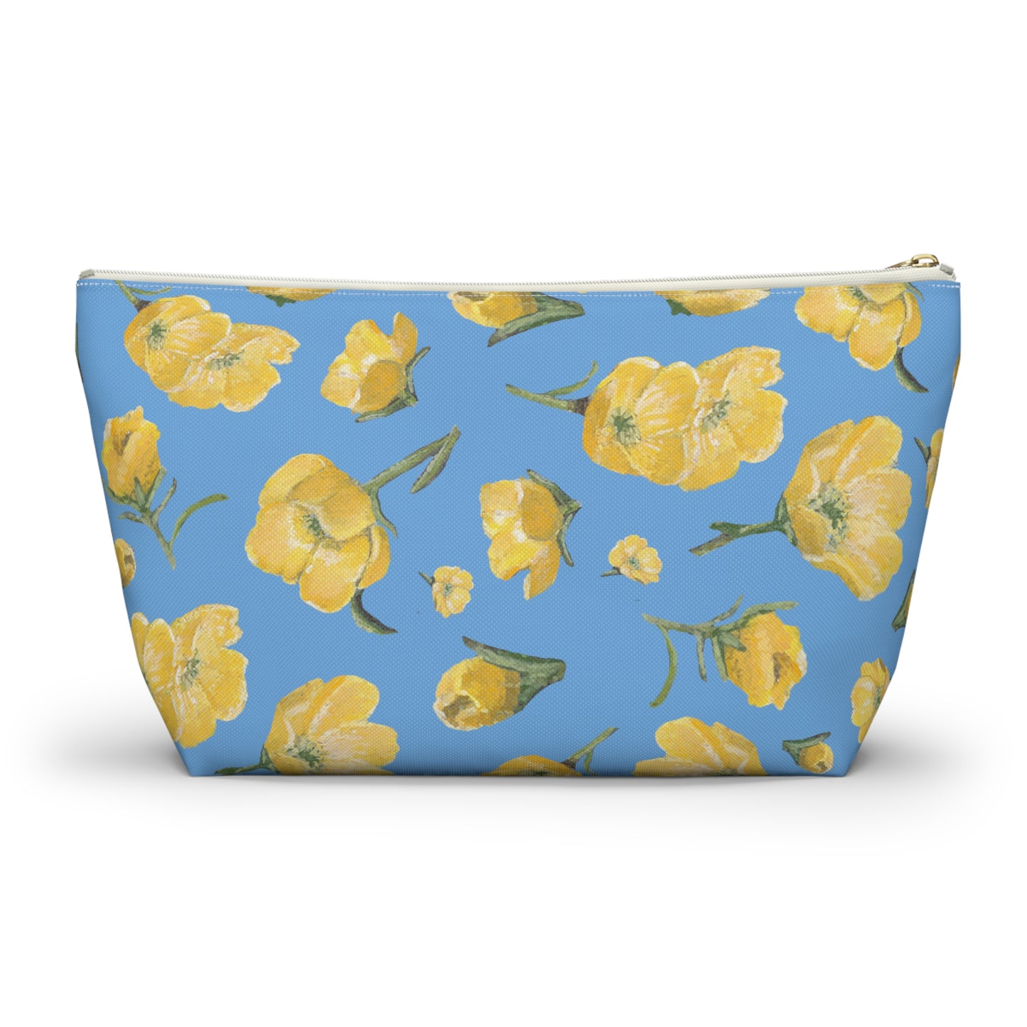 Accessory Pouch w T-bottom, Buttercups, Light Blue Background, Oklahoma Wildflower, Yellow Floral