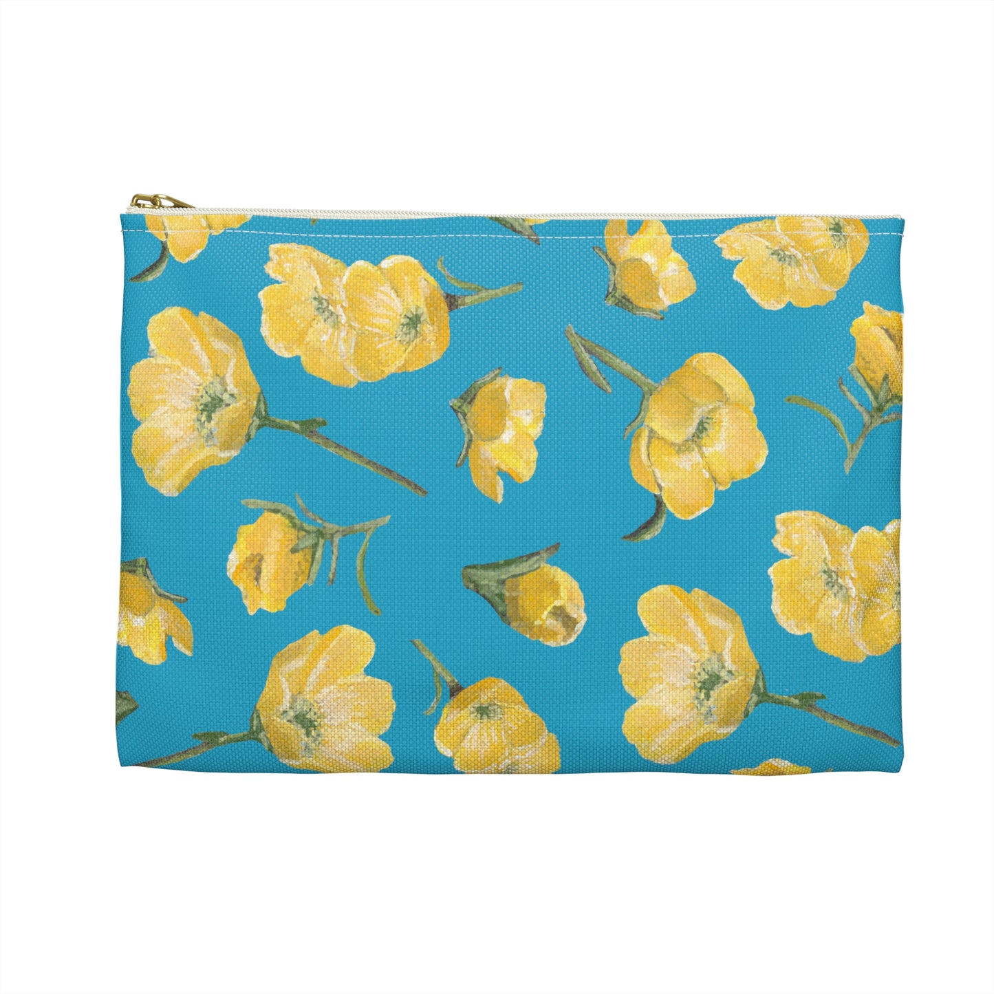 Accessory Pouch, Buttercups, Turquoise Colored Background, Oklahoma Wildflower, Yellow Floral