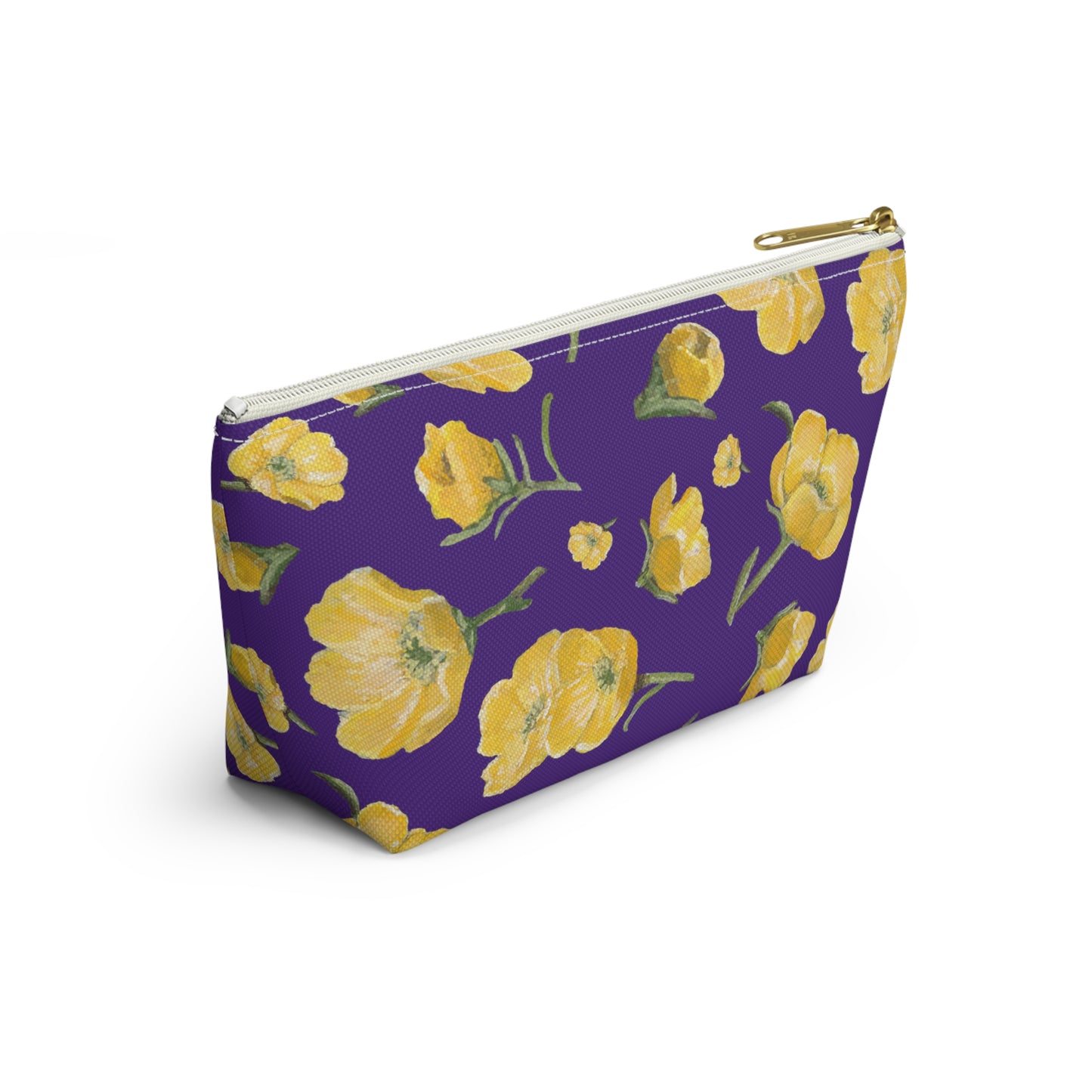 Accessory Pouch w T-bottom, Buttercups, Purple Background, Oklahoma Wildflower, Yellow Floral