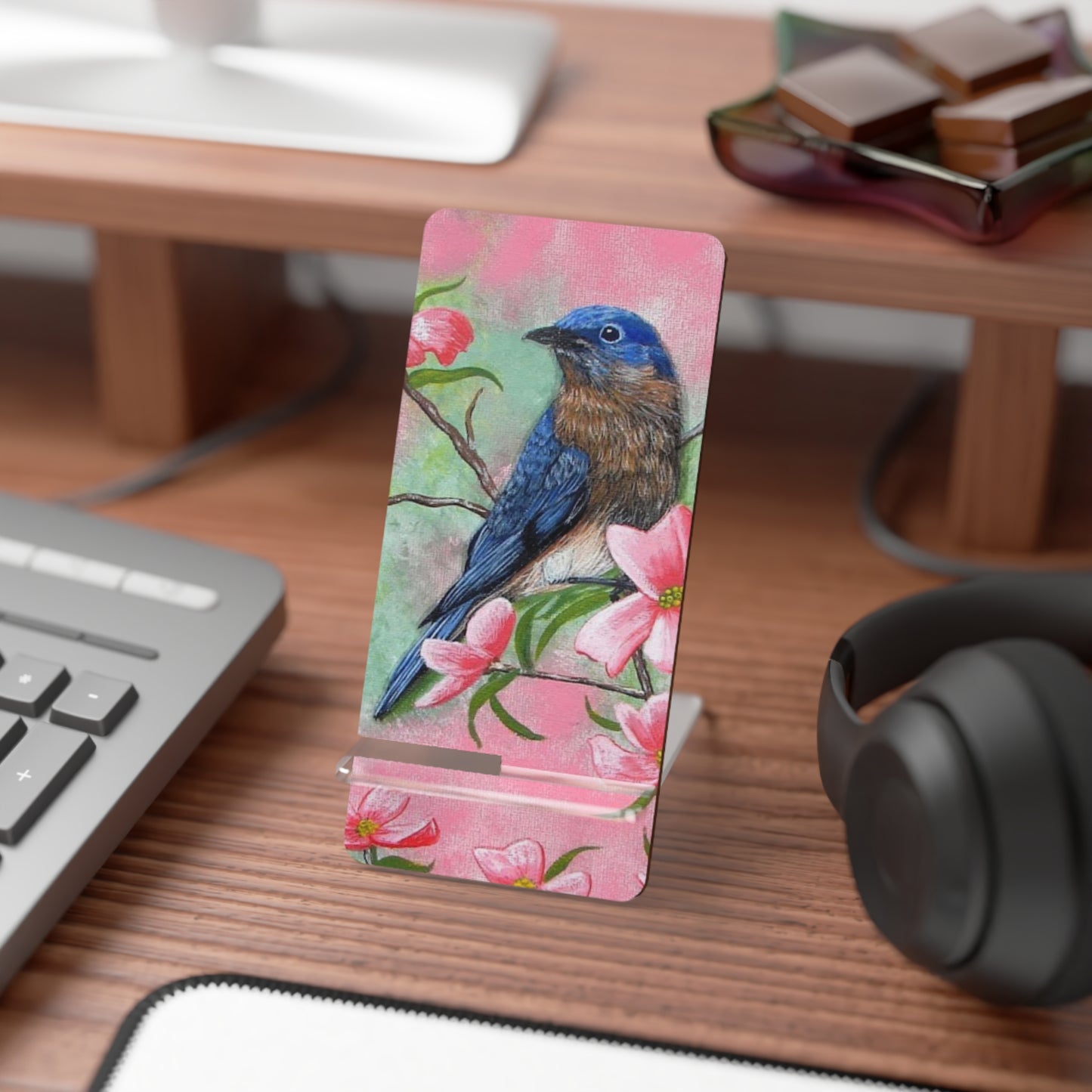 Mobile Display Stand for Smartphones, Eastern Bluebird on Pink Dogwood, "Pretty in Pink", Song Bird, Wild Bird, Bird Art