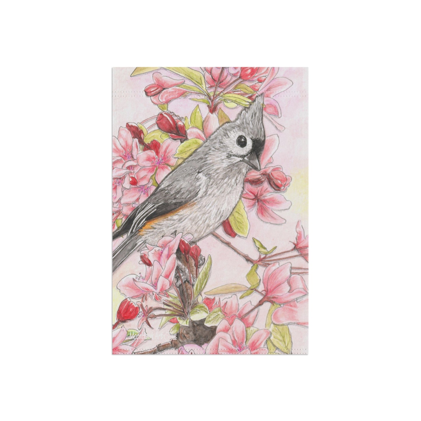 Garden & House Banner, Tufted Titmouse with Pink Floral