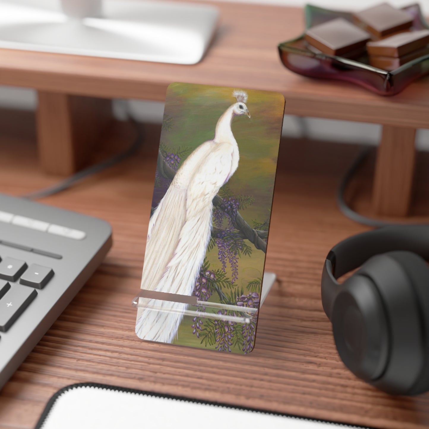 Mobile Display Stand for Smartphones, White Peacock on Purple Wisteria,