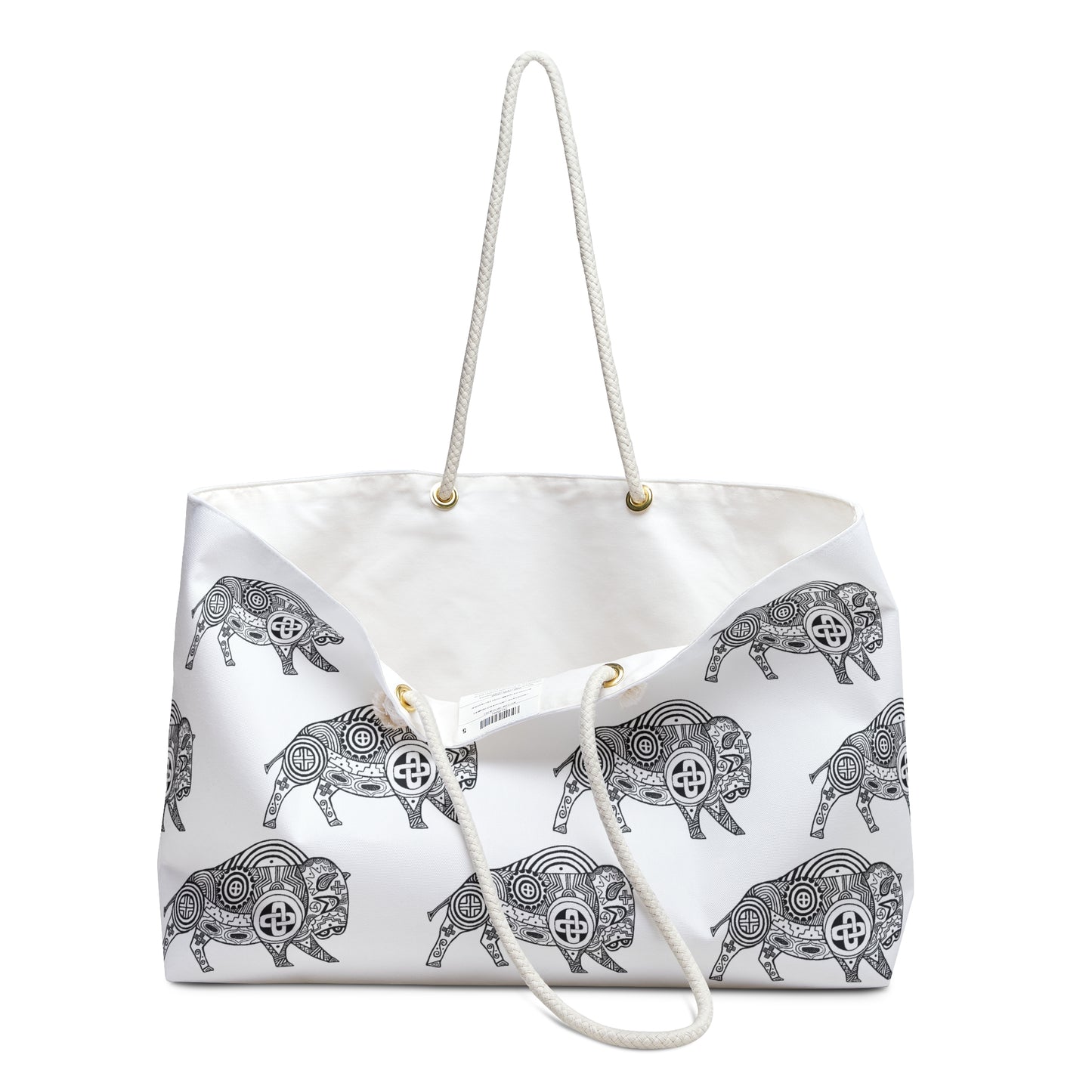 Weekender Bag, Black and White, Southeastern Tribal Motif, Bison, Buffalo, Native American, Powwow Tote