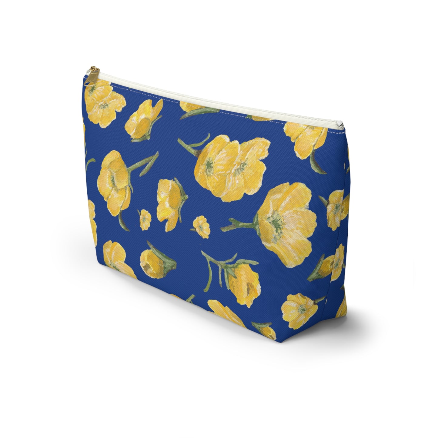 Accessory Pouch w T-bottom, Buttercups, Dark Blue Background, Oklahoma Wildflower, Yellow Floral