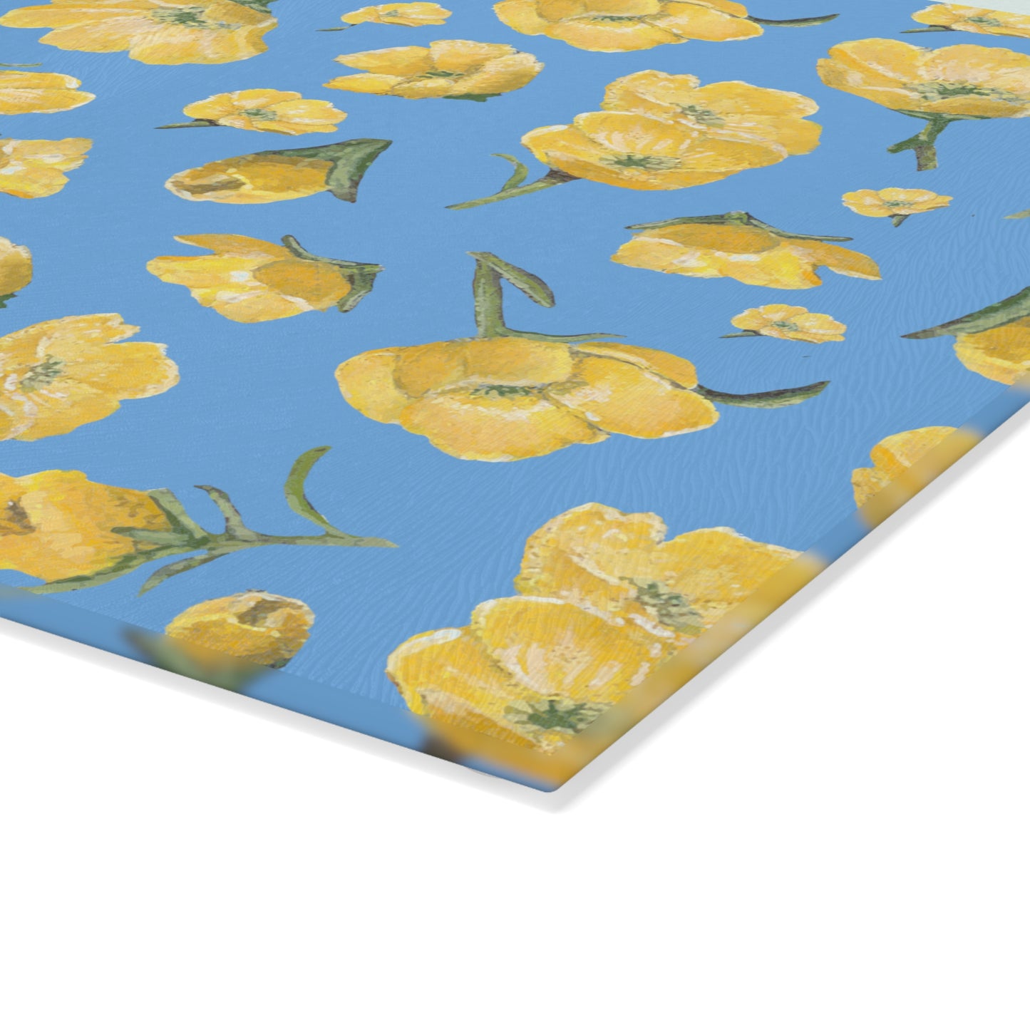 Glass Cutting Board, Kitchen Accessory, Buttercups, Light Blue Background, Oklahoma Wildflower, Yellow Floral