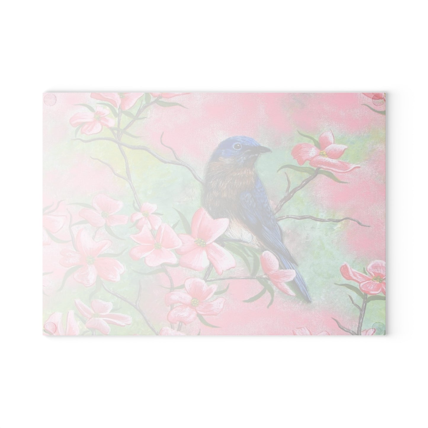 Glass Cutting Board, Kitchen Accessory, Eastern Bluebird on Pink Dogwood