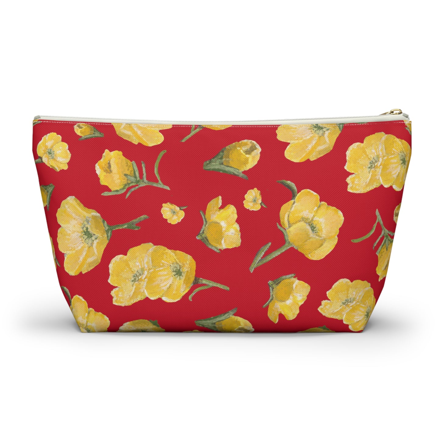 Accessory Pouch w T-bottom, Buttercups, Red Background, Oklahoma Wildflower, Yellow Floral