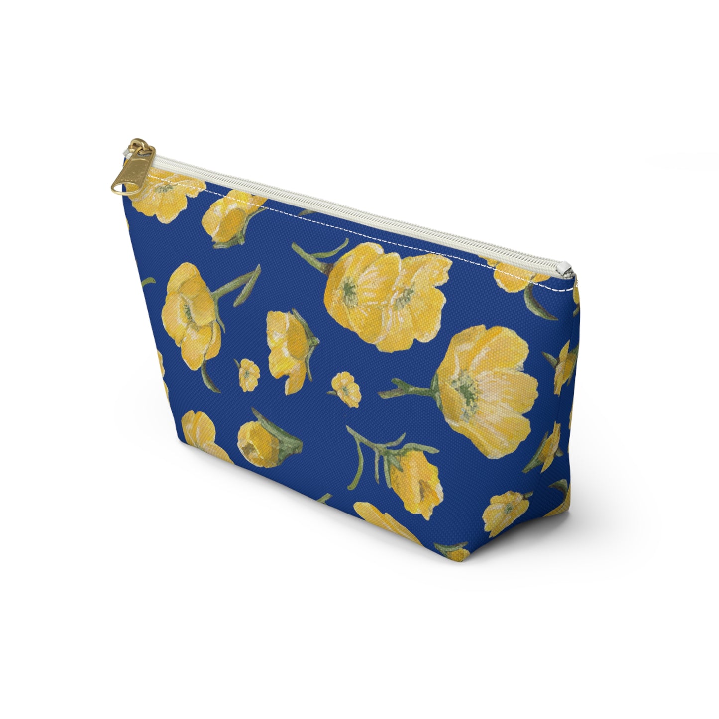 Accessory Pouch w T-bottom, Buttercups, Dark Blue Background, Oklahoma Wildflower, Yellow Floral