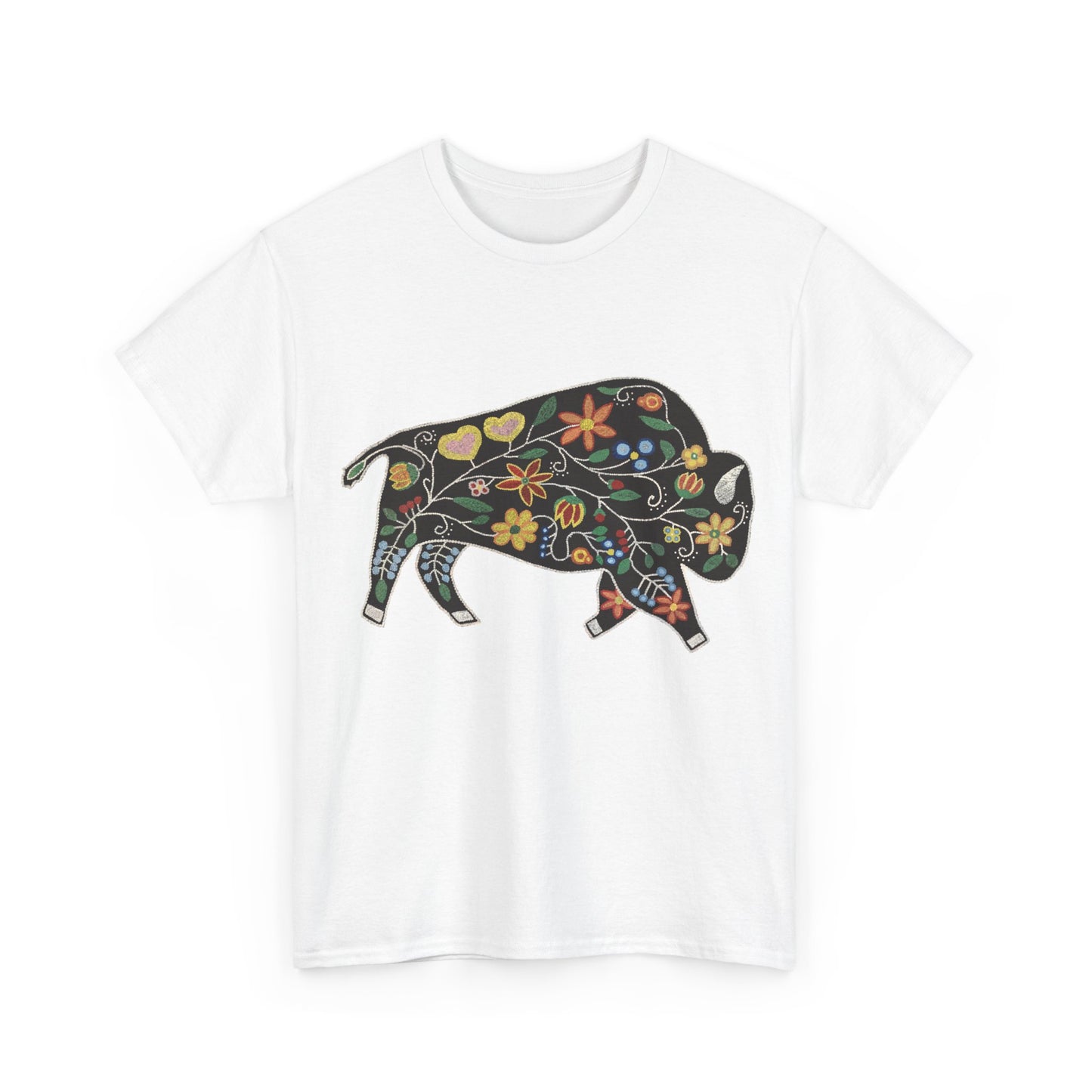 Unisex Heavy Cotton Tee, Native Beaded Floral Bison Design
