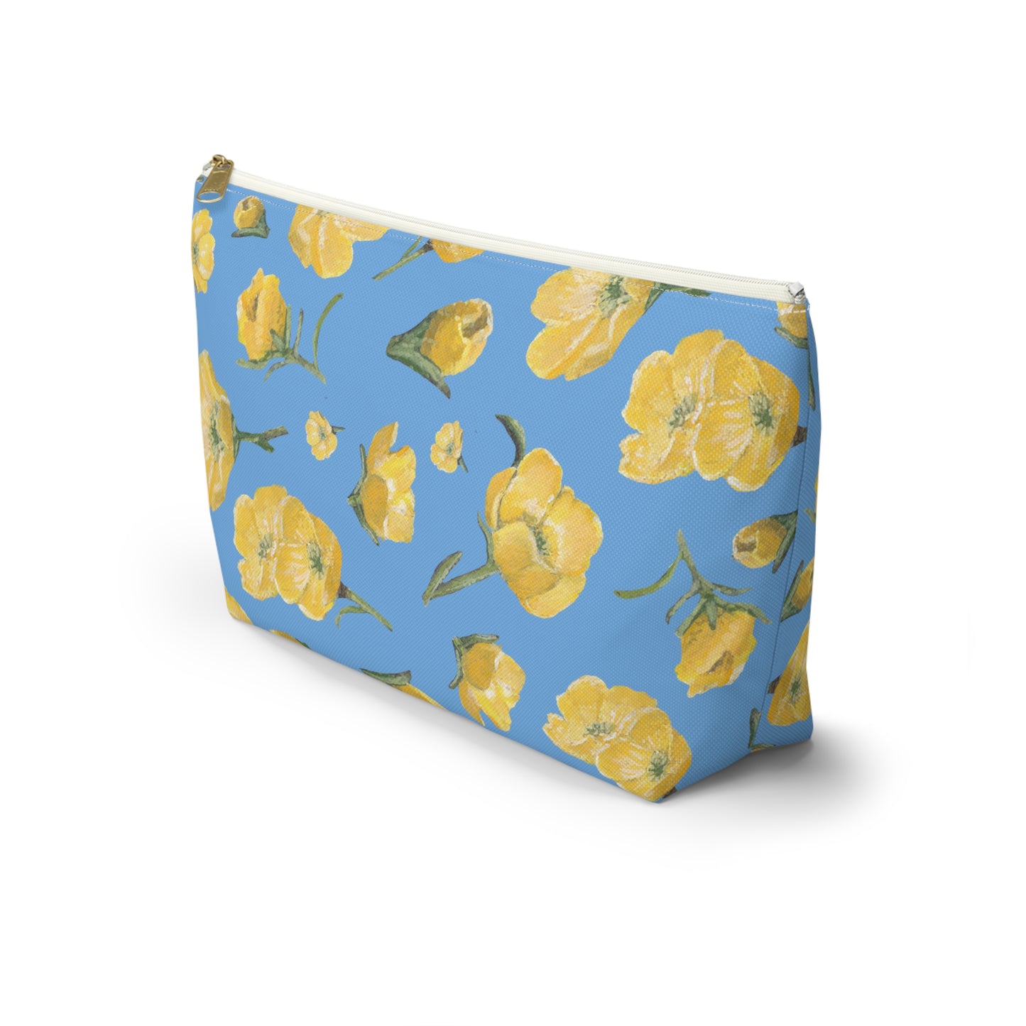 Accessory Pouch w T-bottom, Buttercups, Light Blue Background, Oklahoma Wildflower, Yellow Floral