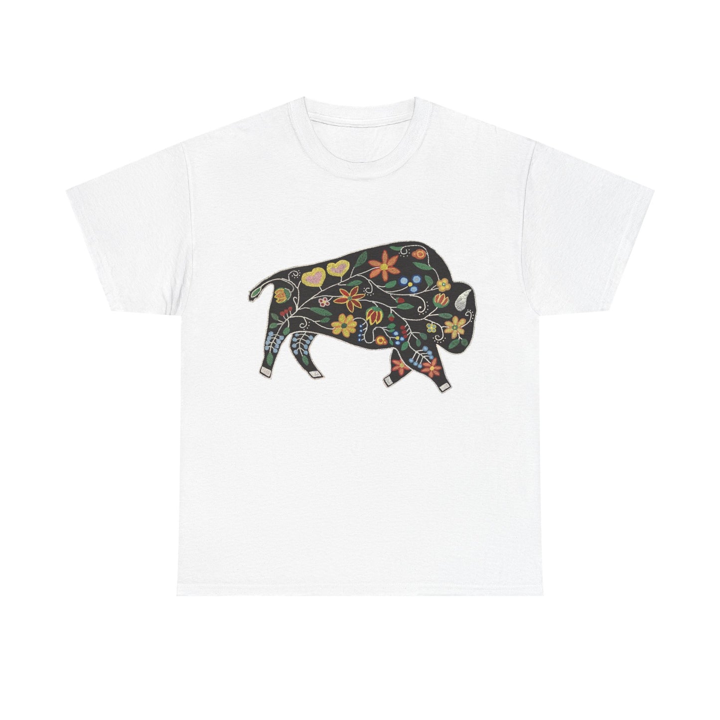 Unisex Heavy Cotton Tee, Native Beaded Floral Bison Design