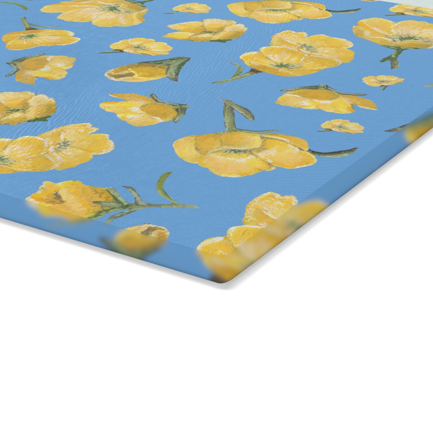 Glass Cutting Board, Kitchen Accessory, Buttercups, Light Blue Background, Oklahoma Wildflower, Yellow Floral
