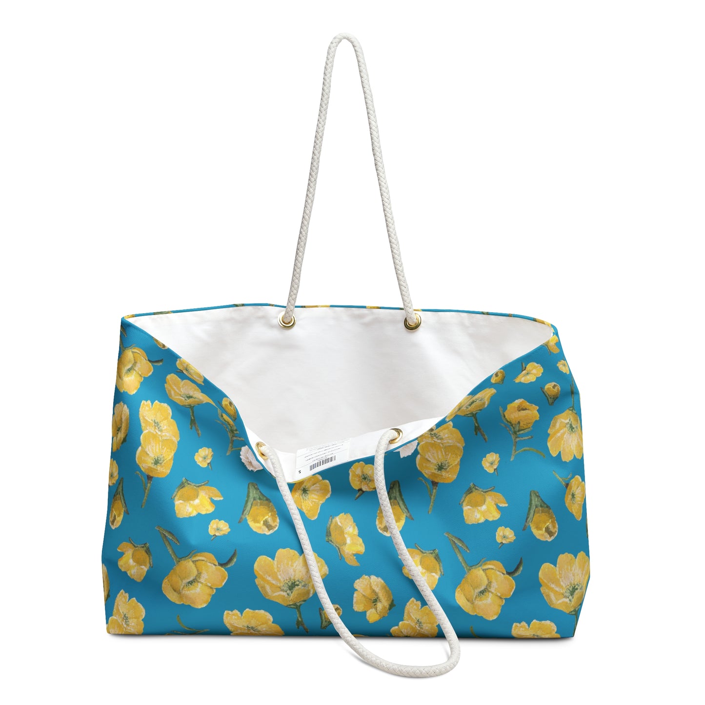 Weekender Bag, Buttercups, Turquoise Colored Background, Oklahoma Wildflower, Yellow Floral