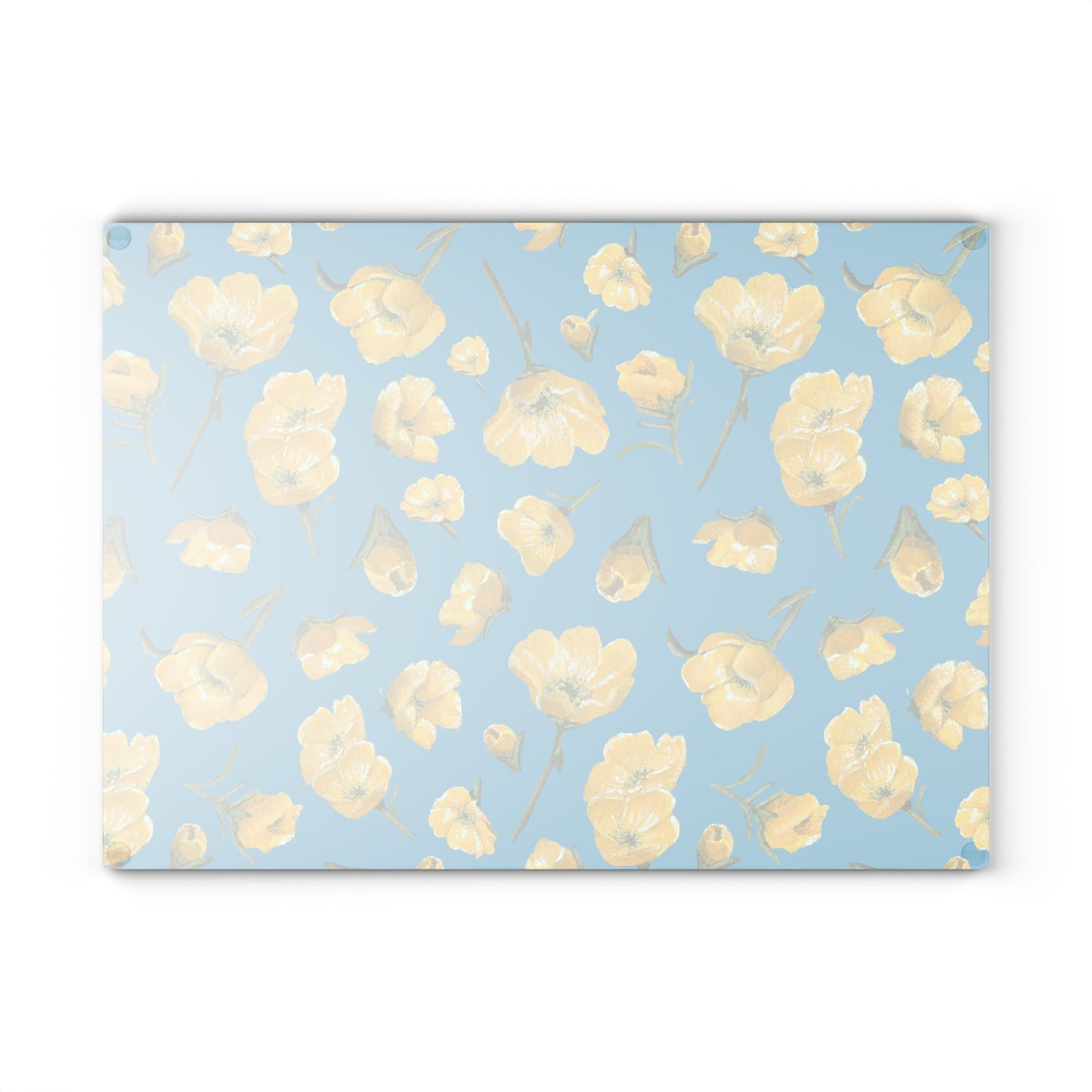 Glass Cutting Board, Kitchen Accessory, Buttercups, Turquoise Colored Background, Oklahoma Wildflower, Yellow Floral