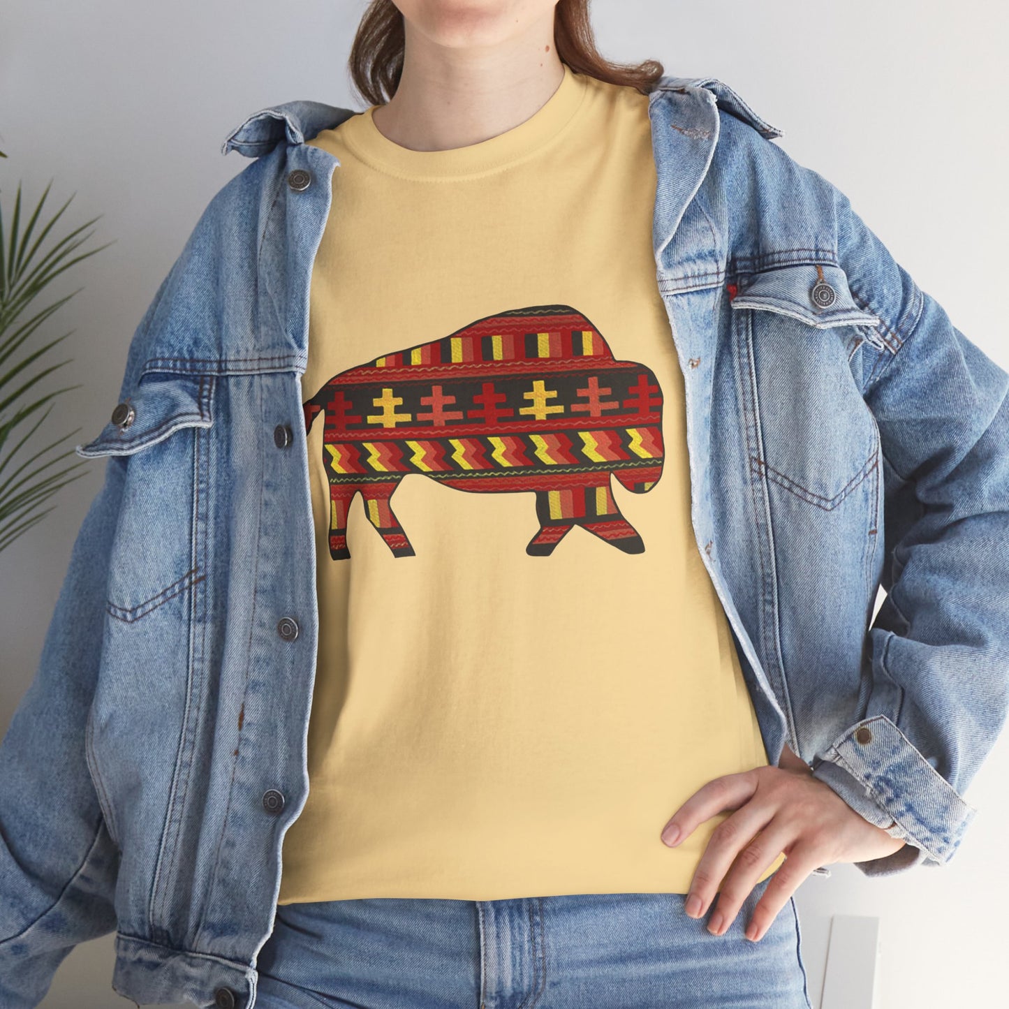 Unisex Heavy Cotton Tee, Seminole Patchwork Patterned Bison, Tribal Motif, Native Design, Indigenous Buffalo